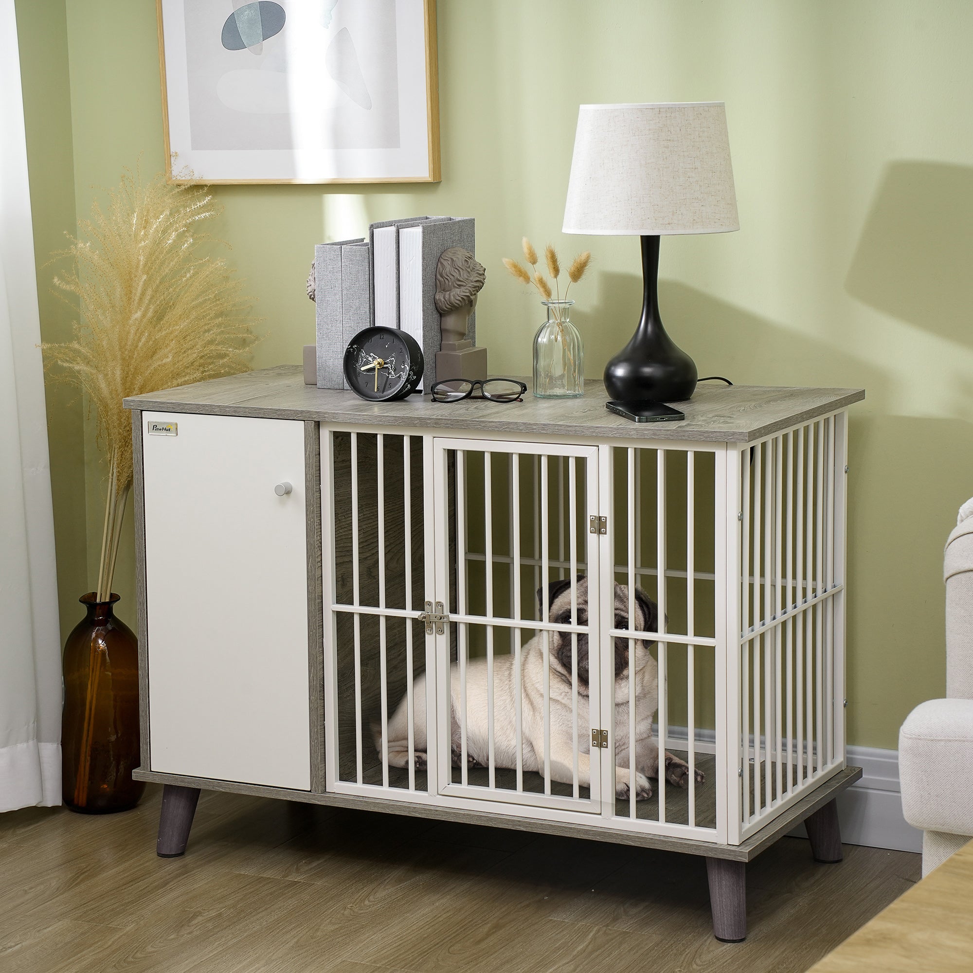PawHut Dog Crate Pet Kennel Cage Large Top End Table w/ Side Cabinet Soft Cushion for Small Dogs Grey 98 x 48 x 70.5 cm