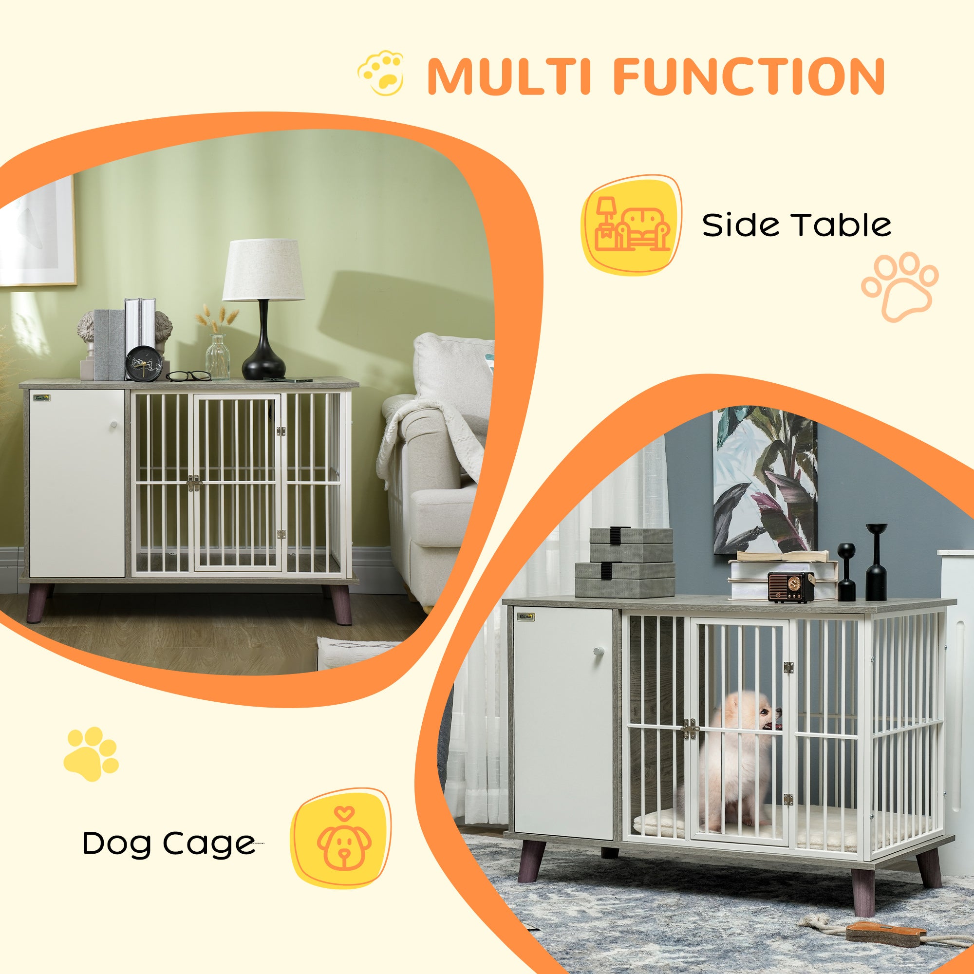 PawHut Dog Crate Pet Kennel Cage Large Top End Table w/ Side Cabinet Soft Cushion for Small Dogs Grey 98 x 48 x 70.5 cm