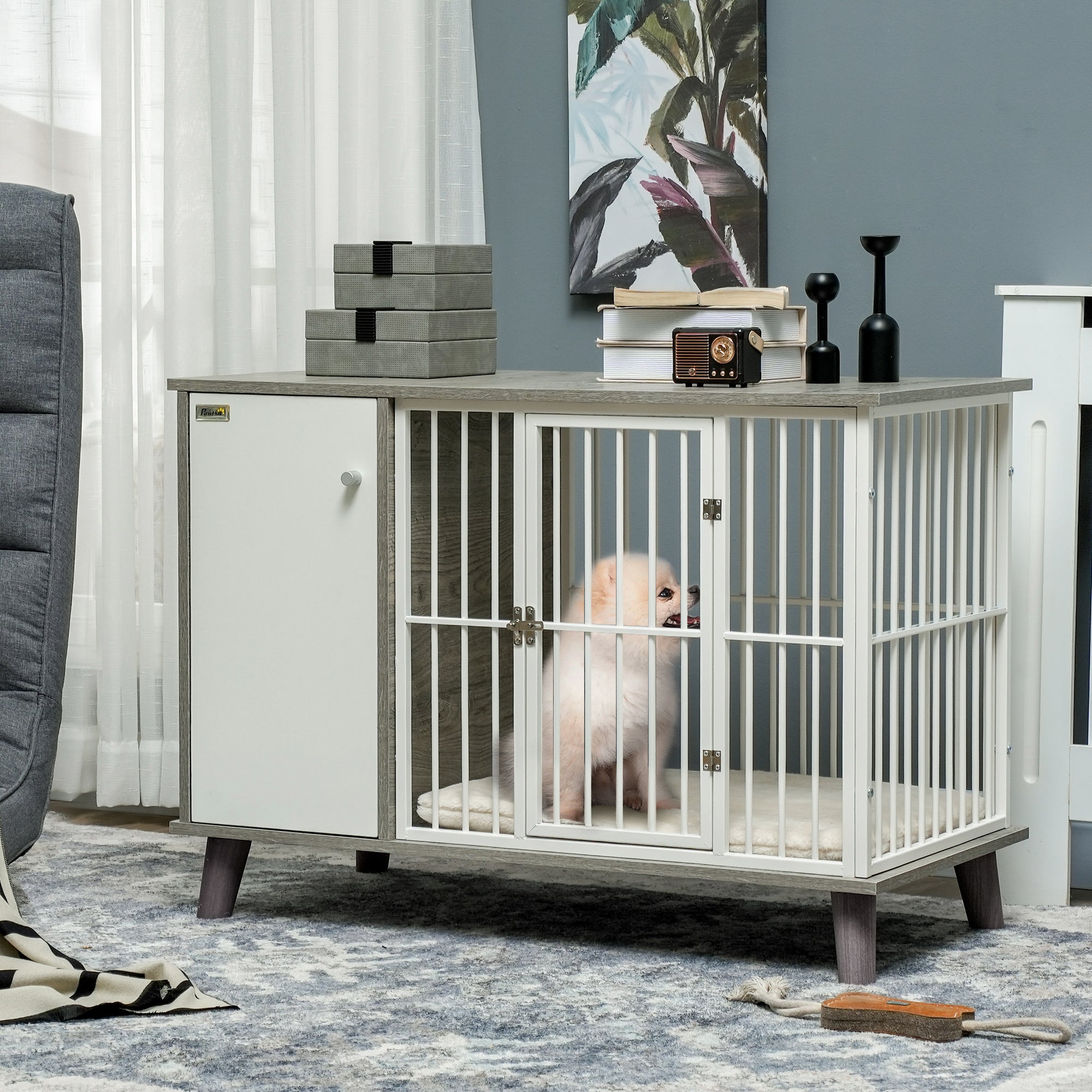 PawHut Dog Crate Pet Kennel Cage Large Top End Table w/ Side Cabinet Soft Cushion for Small Dogs Grey 98 x 48 x 70.5 cm