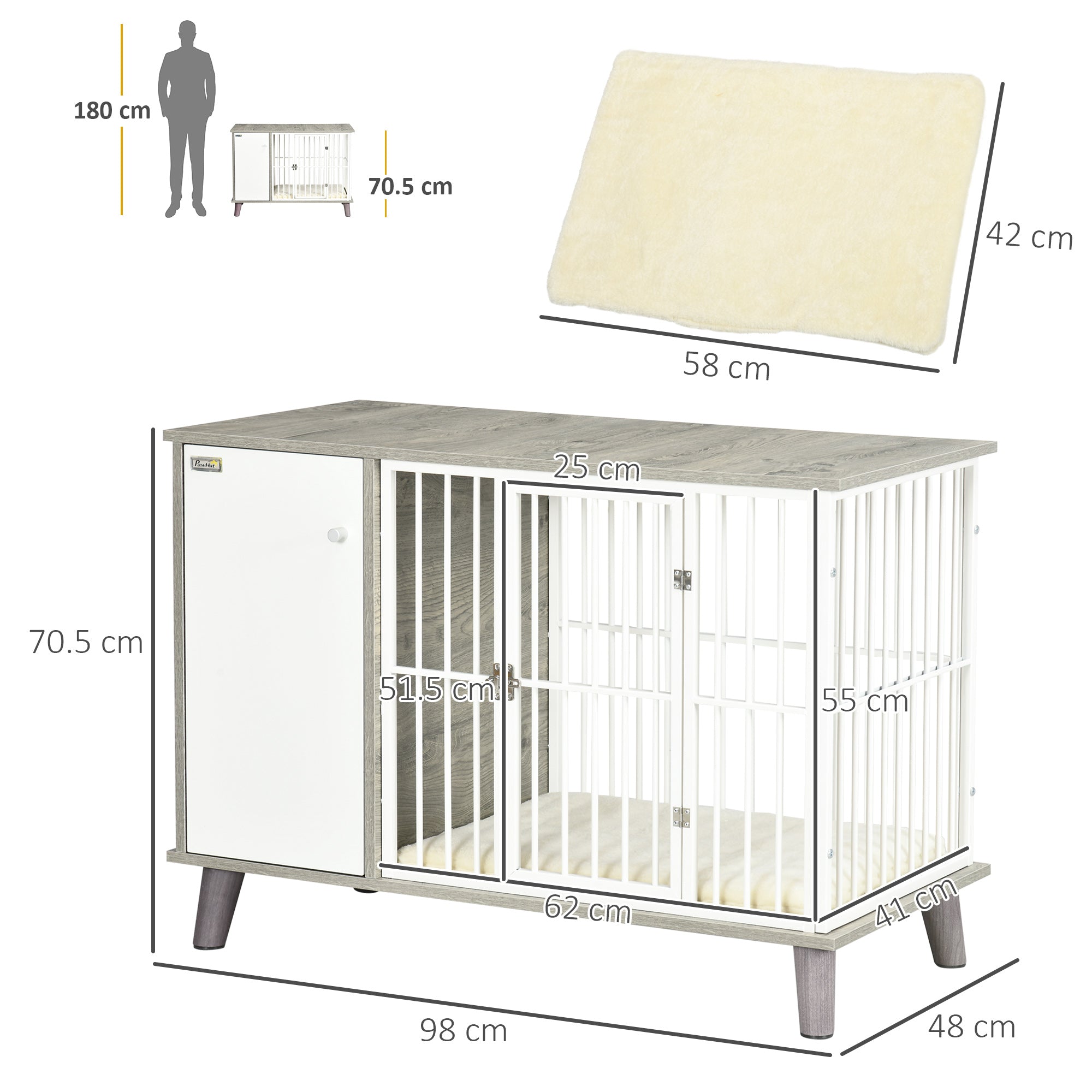 PawHut Dog Crate Pet Kennel Cage Large Top End Table w/ Side Cabinet Soft Cushion for Small Dogs Grey 98 x 48 x 70.5 cm