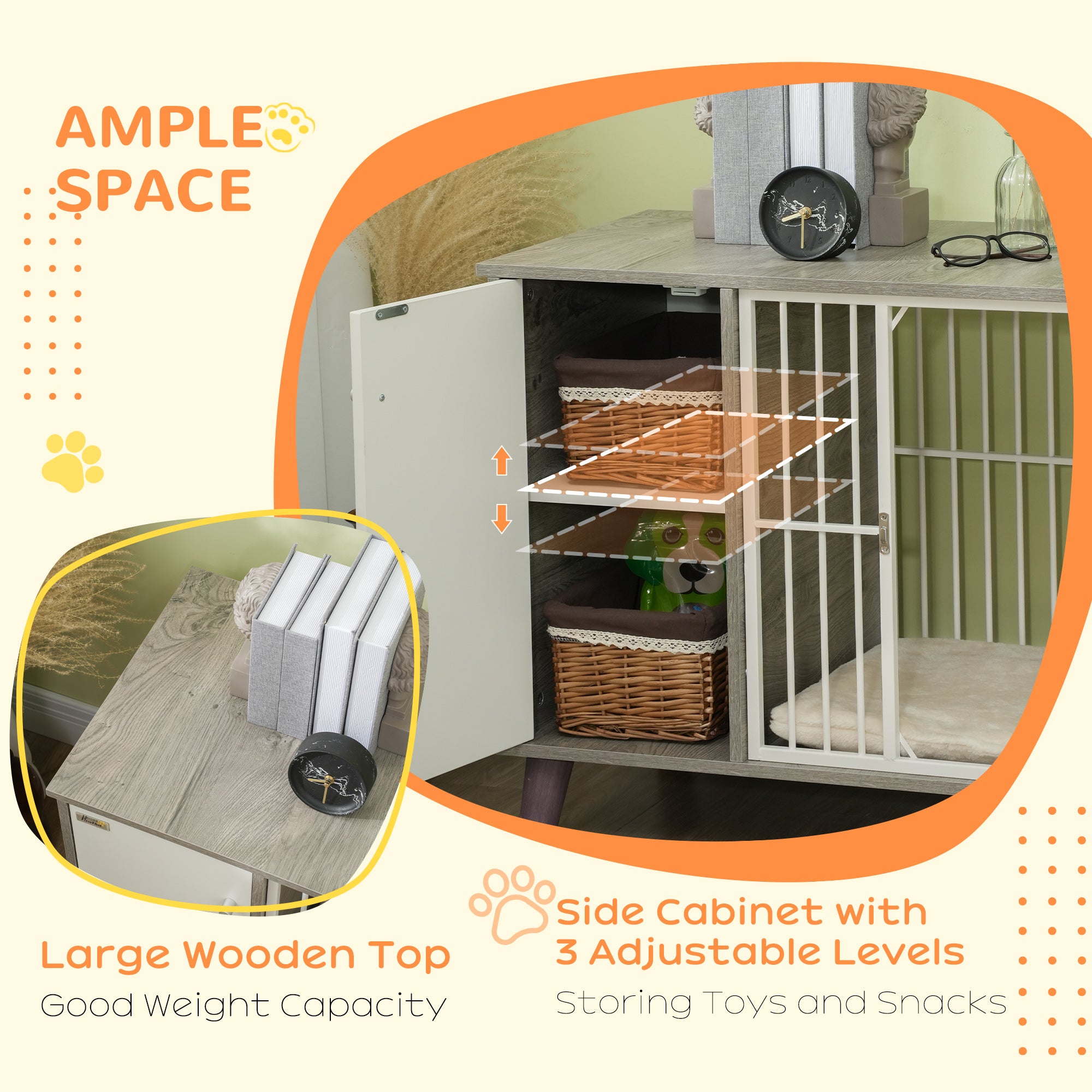 PawHut Dog Crate Pet Kennel Cage Large Top End Table w/ Side Cabinet Soft Cushion for Small Dogs Grey 98 x 48 x 70.5 cm