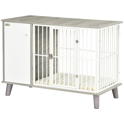 PawHut Dog Crate Pet Kennel Cage Large Top End Table w/ Side Cabinet Soft Cushion for Small Dogs Grey 98 x 48 x 70.5 cm