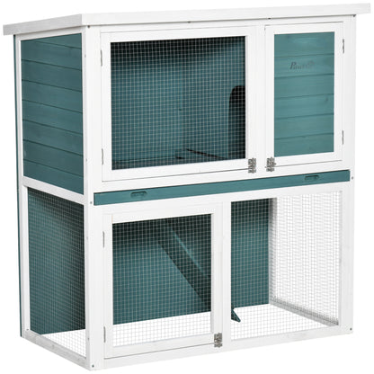 PawHut 2 Tier Wooden Rabbit Hutch, Guinea Pig Cage, Bunny Run, Small Animal House for Indoor Outdoor with Slide-out Tray, Ramp, 104 x 58 x 110cm, Green