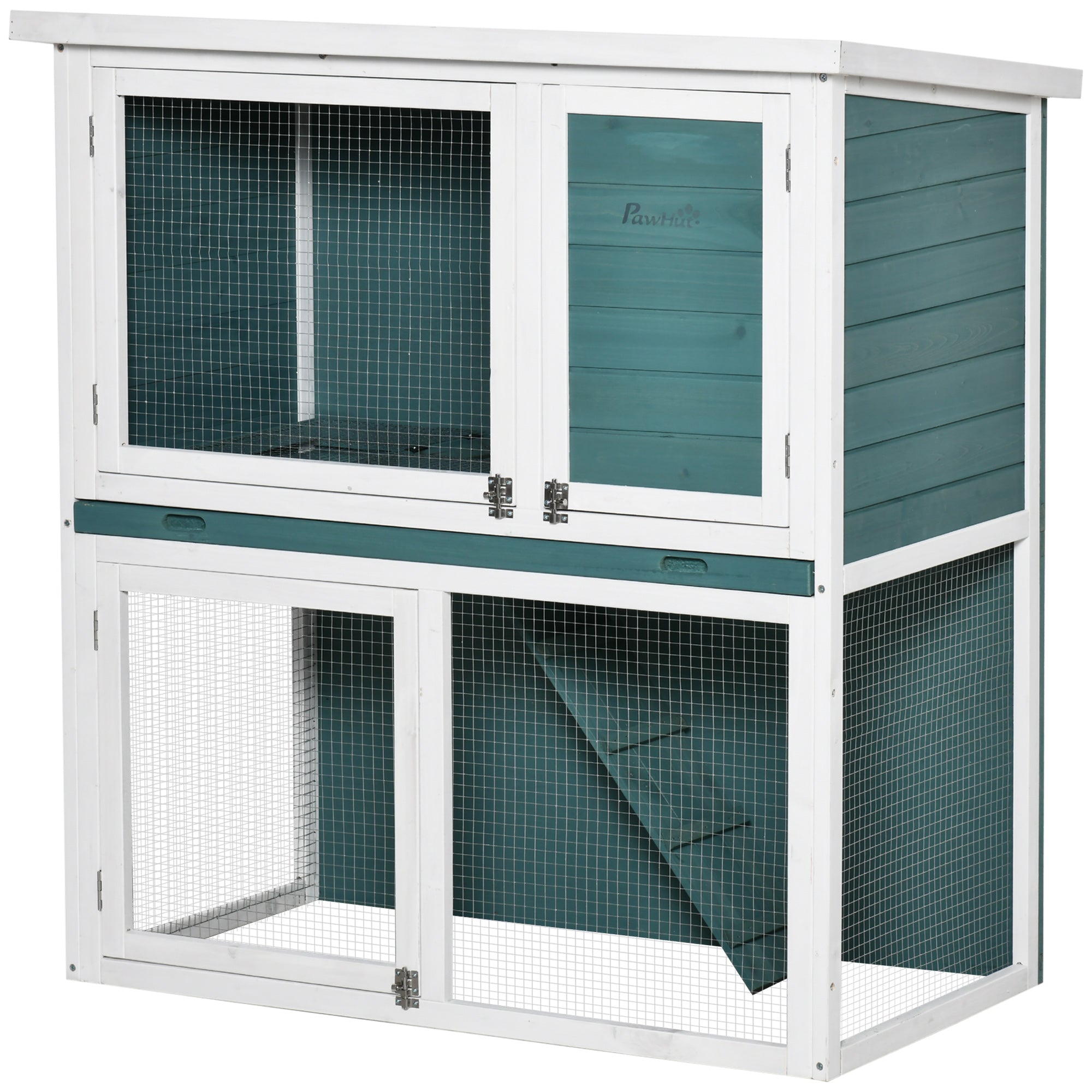 PawHut 2 Tier Wooden Rabbit Hutch, Guinea Pig Cage, Bunny Run, Small Animal House for Indoor Outdoor with Slide-out Tray, Ramp, 104 x 58 x 110cm, Green