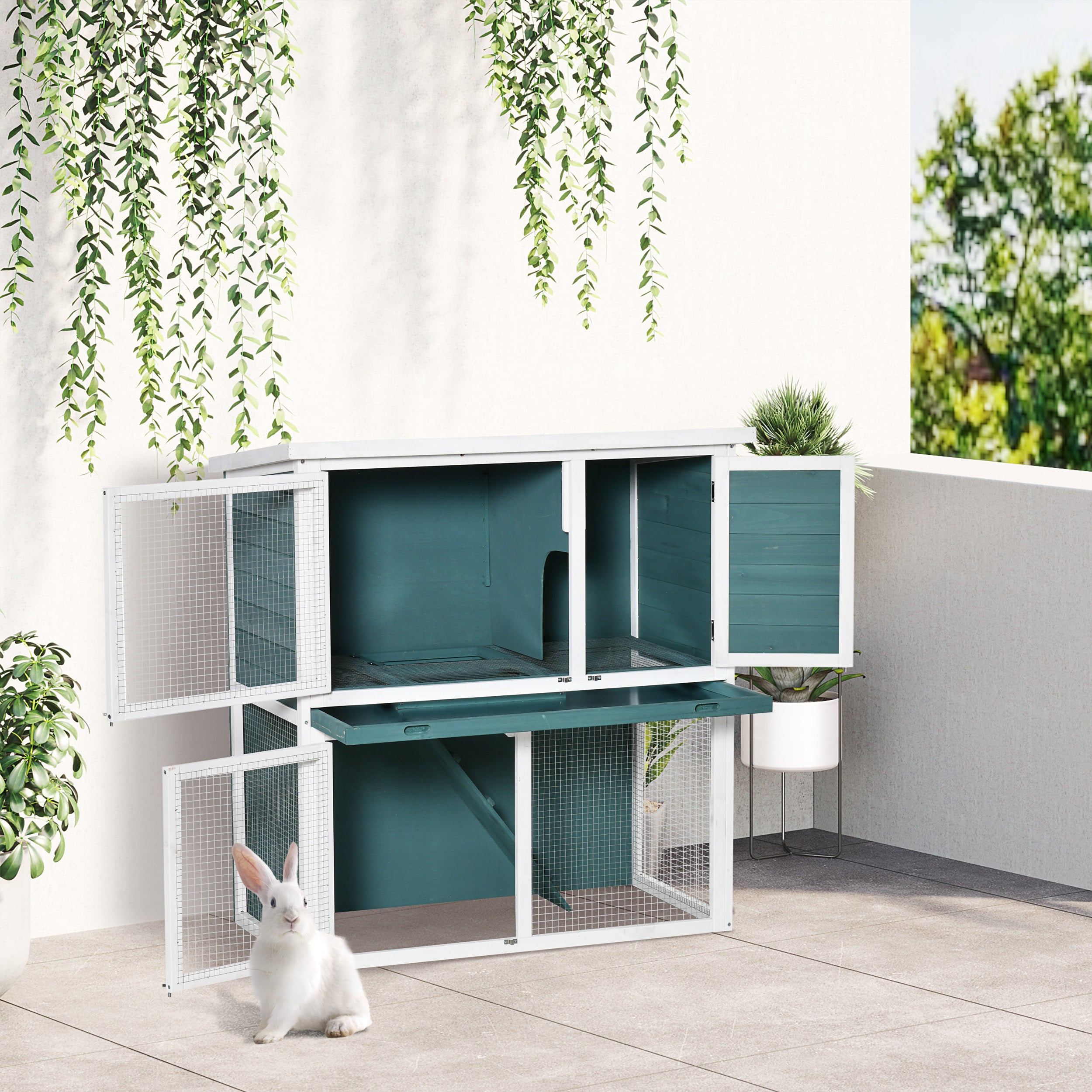 PawHut 2 Tier Wooden Rabbit Hutch, Guinea Pig Cage, Bunny Run, Small Animal House for Indoor Outdoor with Slide-out Tray, Ramp, 104 x 58 x 110cm, Green