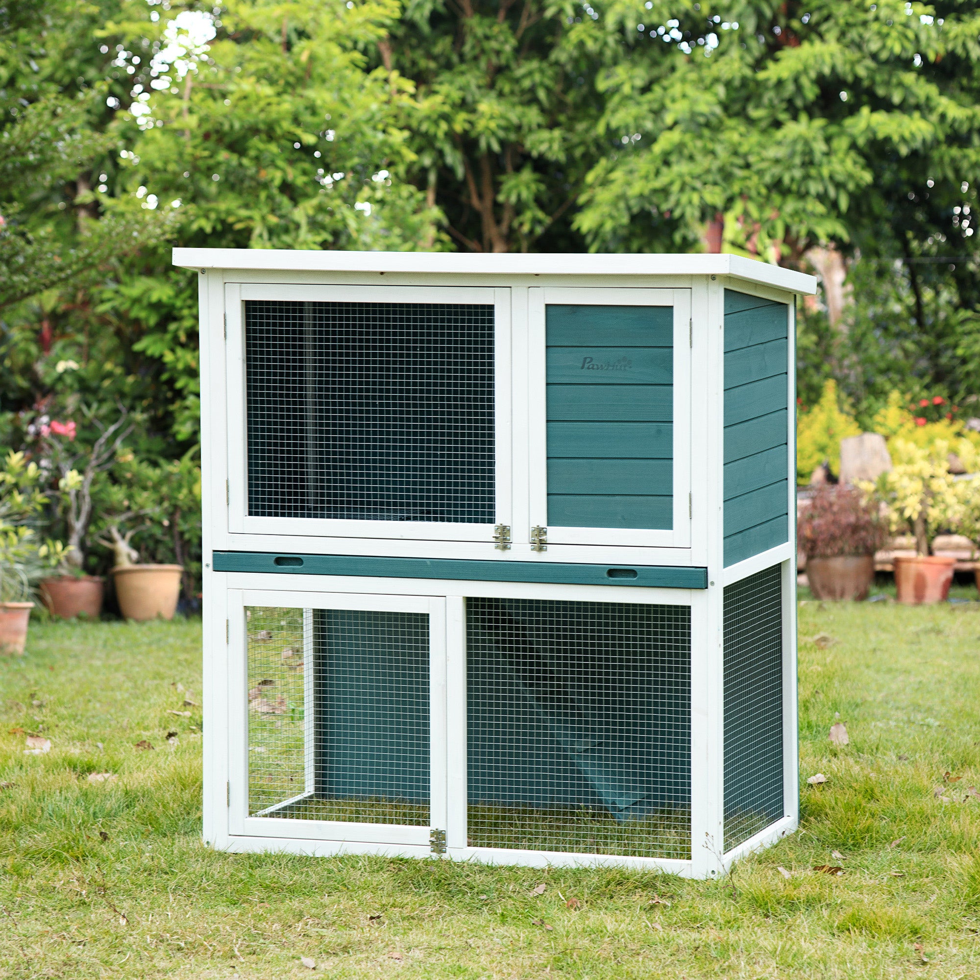 PawHut 2 Tier Wooden Rabbit Hutch, Guinea Pig Cage, Bunny Run, Small Animal House for Indoor Outdoor with Slide-out Tray, Ramp, 104 x 58 x 110cm, Green