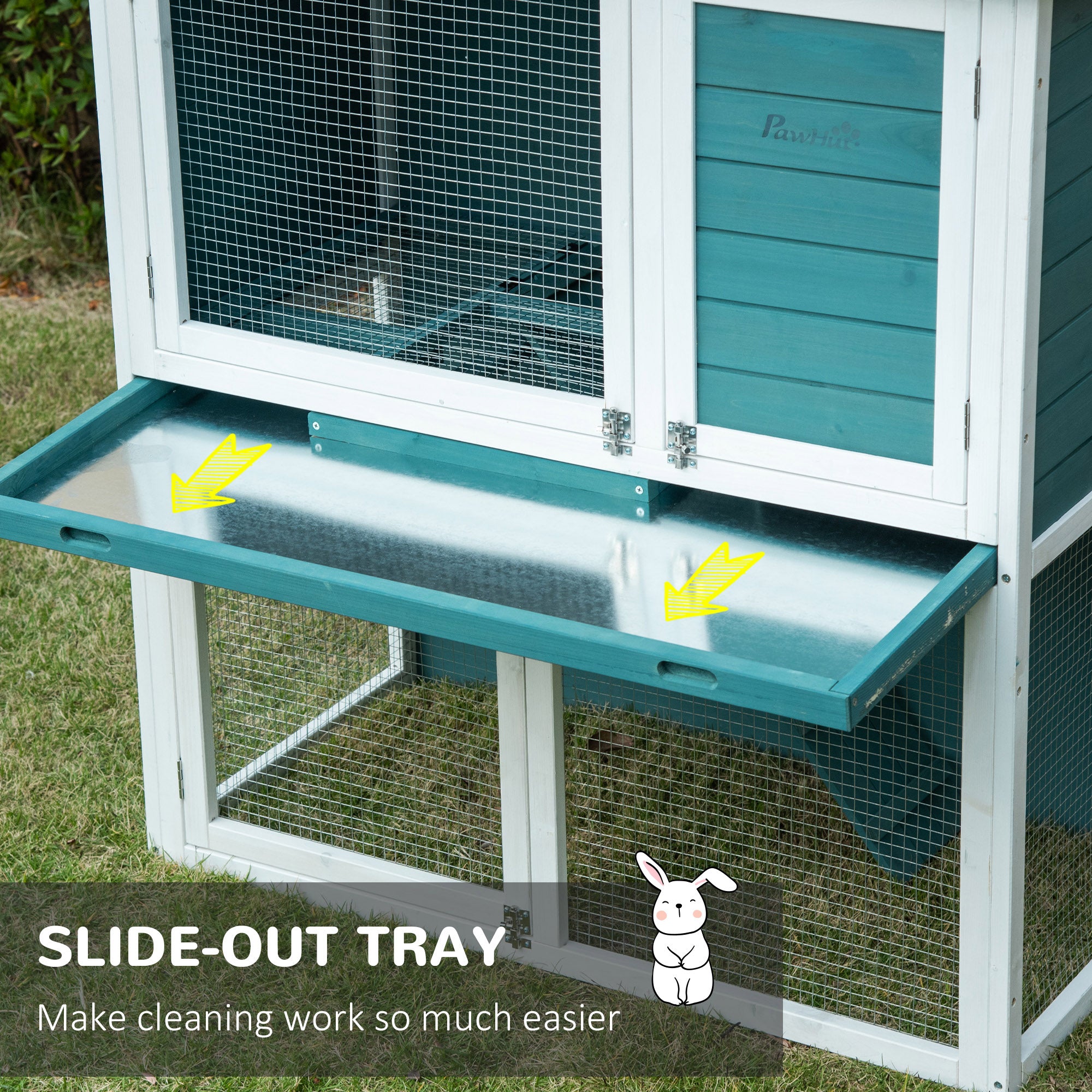PawHut 2 Tier Wooden Rabbit Hutch, Guinea Pig Cage, Bunny Run, Small Animal House for Indoor Outdoor with Slide-out Tray, Ramp, 104 x 58 x 110cm, Green