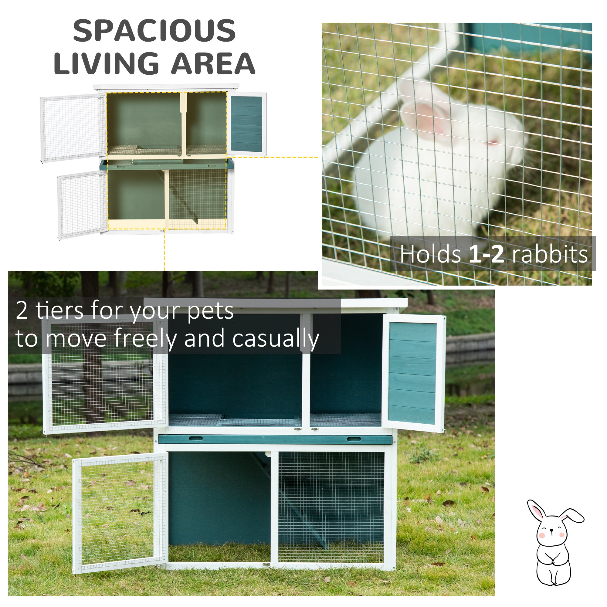 PawHut 2 Tier Wooden Rabbit Hutch, Guinea Pig Cage, Bunny Run, Small Animal House for Indoor Outdoor with Slide-out Tray, Ramp, 104 x 58 x 110cm, Green