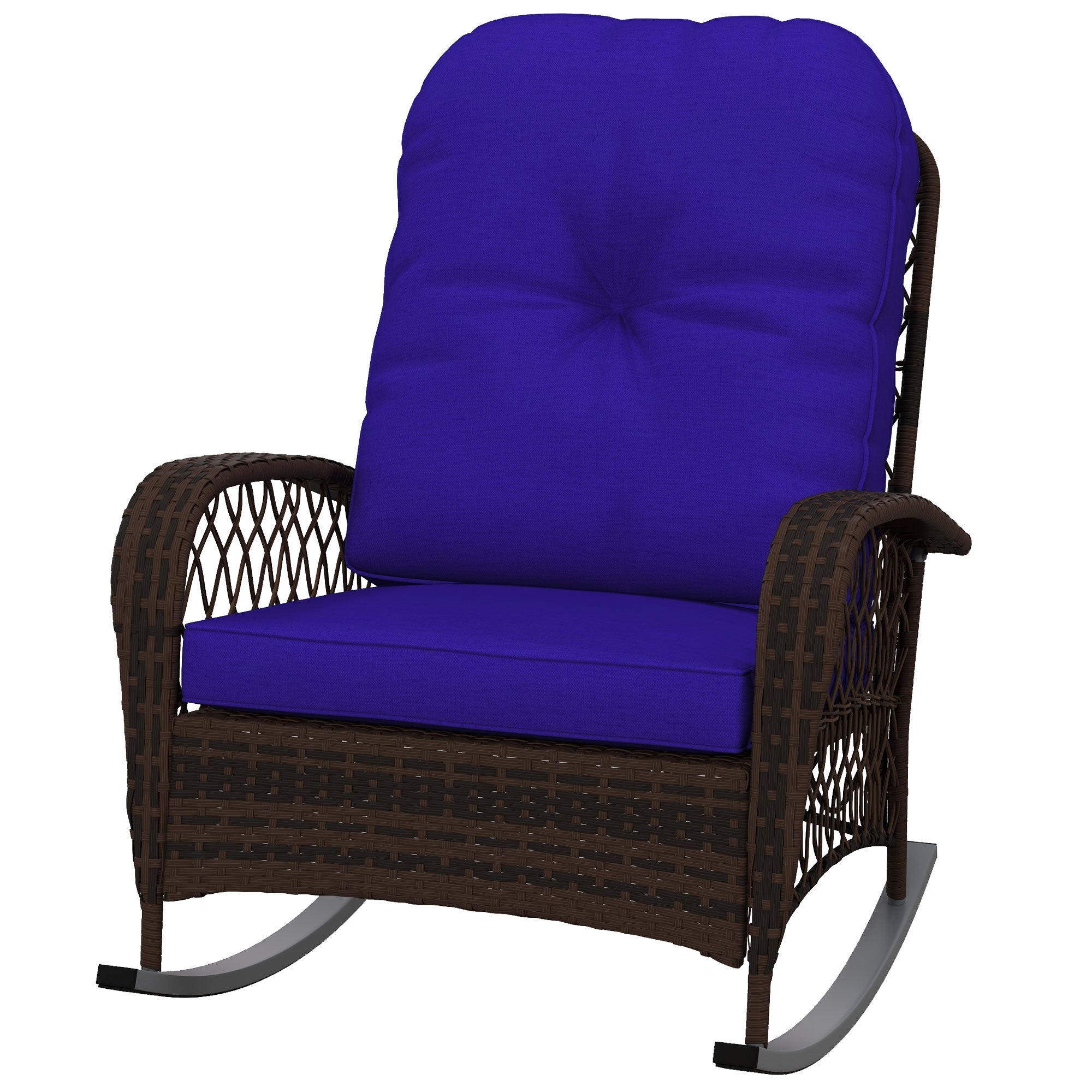 Outsunny Rattan Rocking Chair, Outdoor Wicker Patio Rocker Chair Furniture with Thick Cushions, for Garden Backyard Porch, Dark Blue