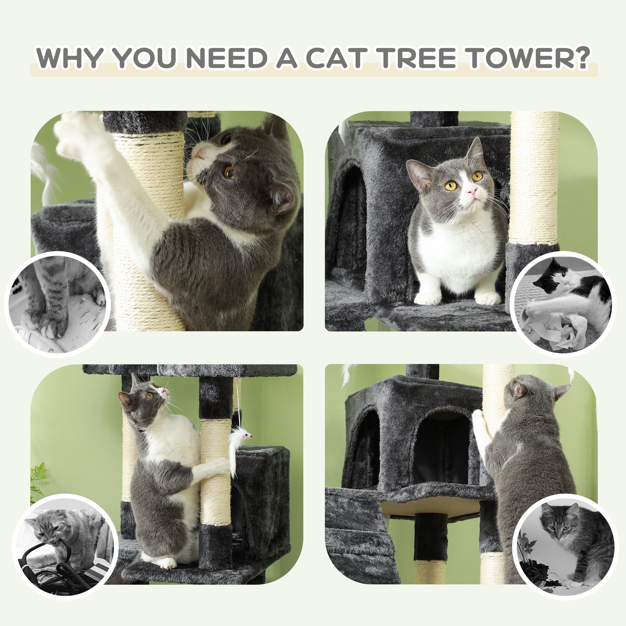 PawHut 68 inches Cat Tree, Multi-Level Large Cat Tower Condo with Scratching Posts, Perches, Cat Houses, Dangling Toy, Grey