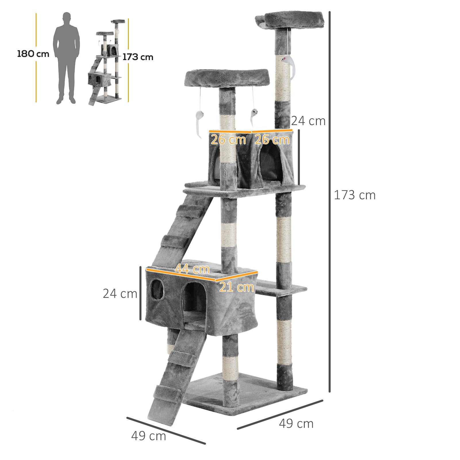 PawHut Cat Tree for Indoor Cats, 173cm Cat Tower Scratching Post Tall Climbing Tower, Activity Centre House - Grey
