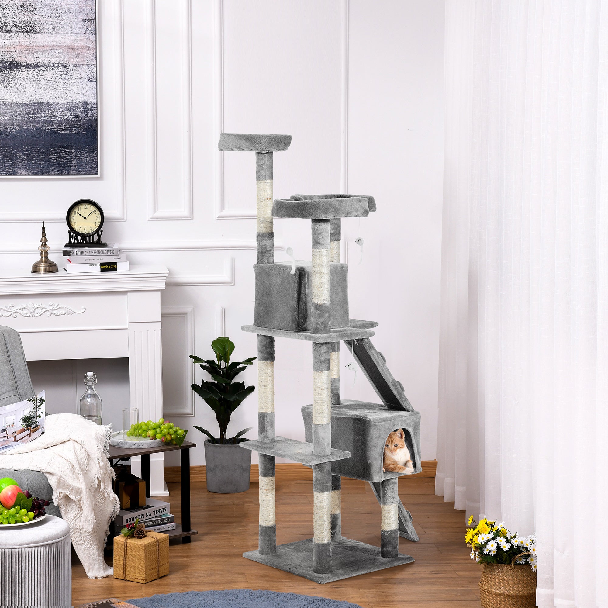 PawHut Cat Tree for Indoor Cats, 173cm Cat Tower Scratching Post Tall Climbing Tower, Activity Centre House - Grey