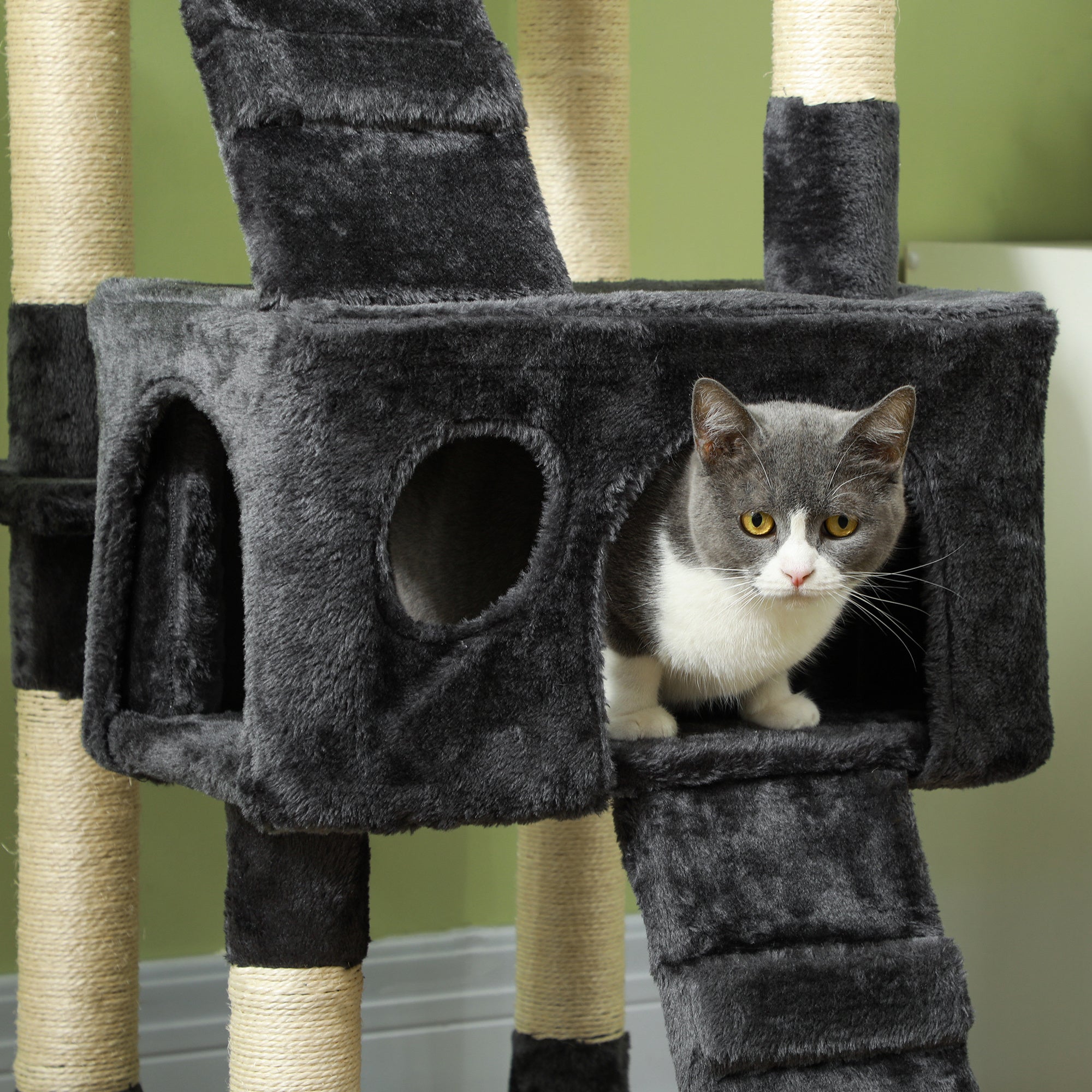 PawHut 68 inches Cat Tree, Multi-Level Large Cat Tower Condo with Scratching Posts, Perches, Cat Houses, Dangling Toy, Grey