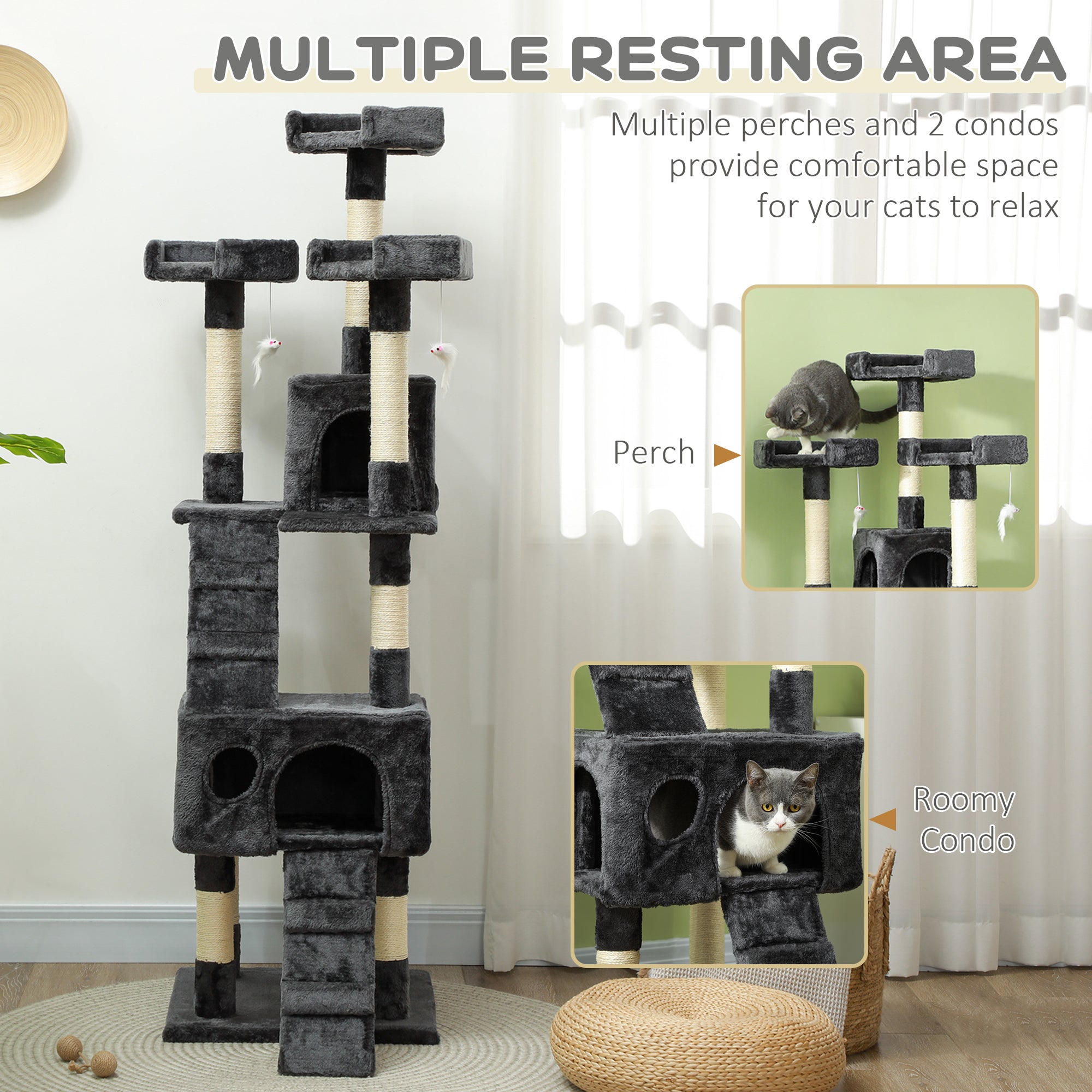 PawHut 68 inches Cat Tree, Multi-Level Large Cat Tower Condo with Scratching Posts, Perches, Cat Houses, Dangling Toy, Grey