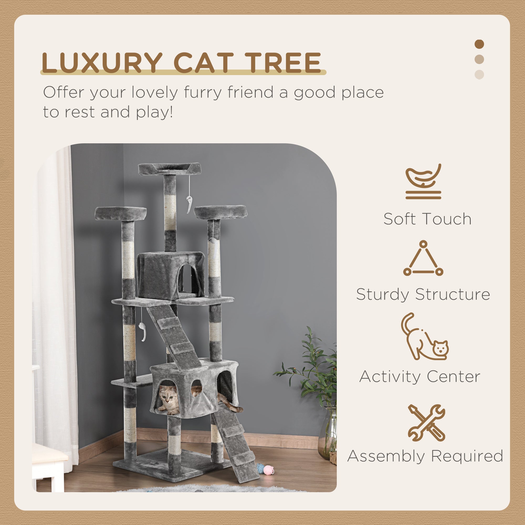 PawHut Cat Tree for Indoor Cats, 173cm Cat Tower Scratching Post Tall Climbing Tower, Activity Centre House - Grey