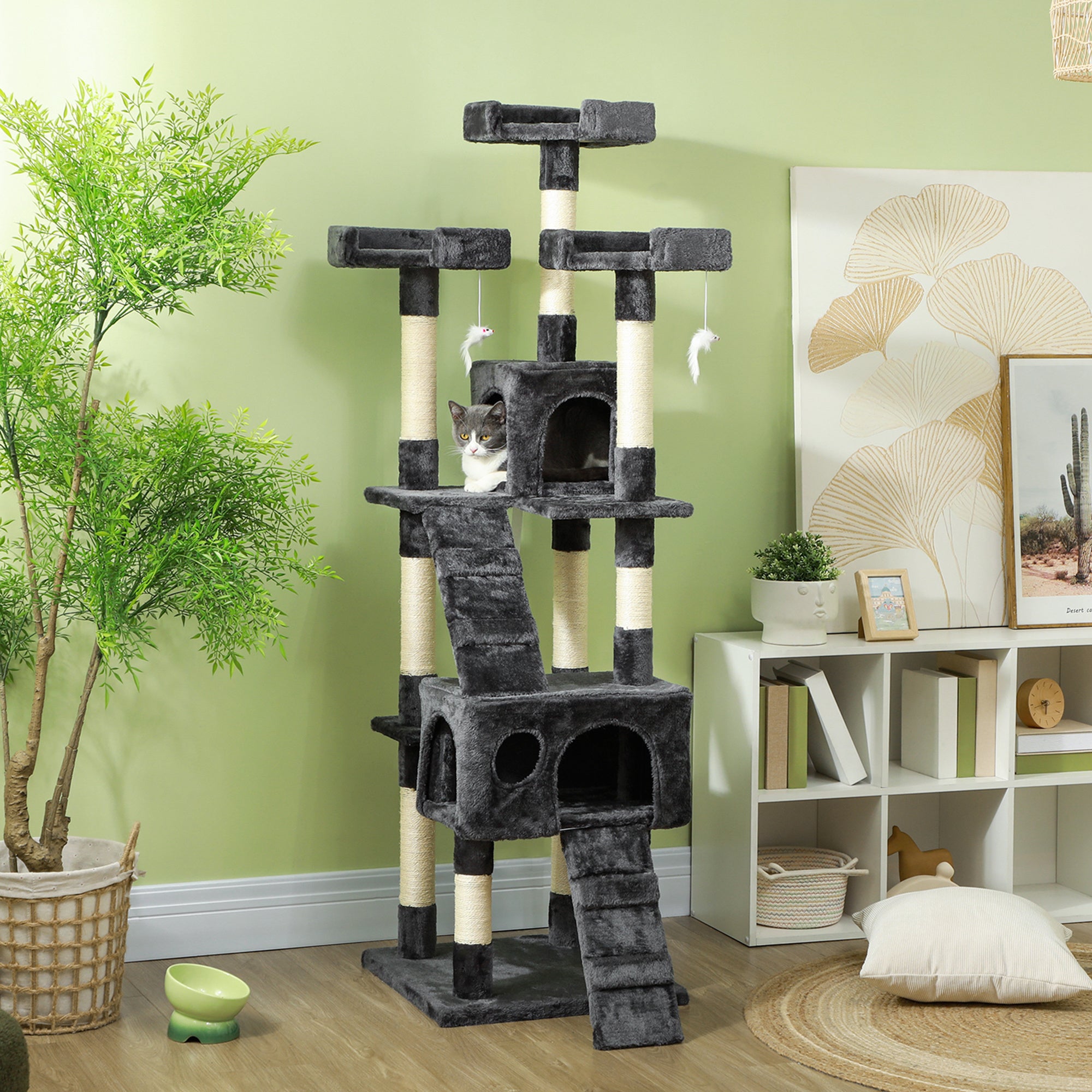 PawHut 68 inches Cat Tree, Multi-Level Large Cat Tower Condo with Scratching Posts, Perches, Cat Houses, Dangling Toy, Grey