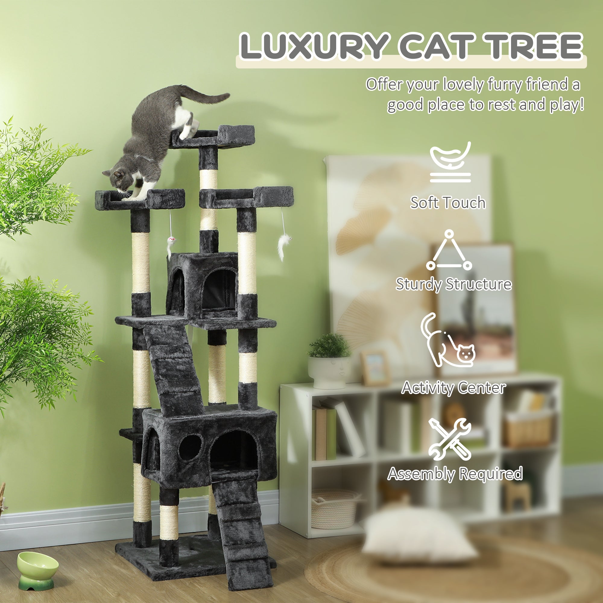 PawHut 68 inches Cat Tree, Multi-Level Large Cat Tower Condo with Scratching Posts, Perches, Cat Houses, Dangling Toy, Grey