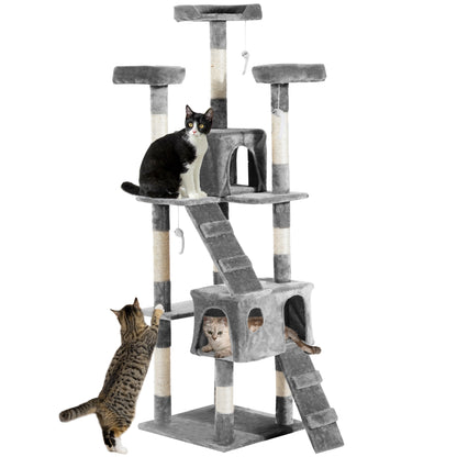 PawHut Cat Tree for Indoor Cats, 173cm Cat Tower Scratching Post Tall Climbing Tower, Activity Centre House - Grey