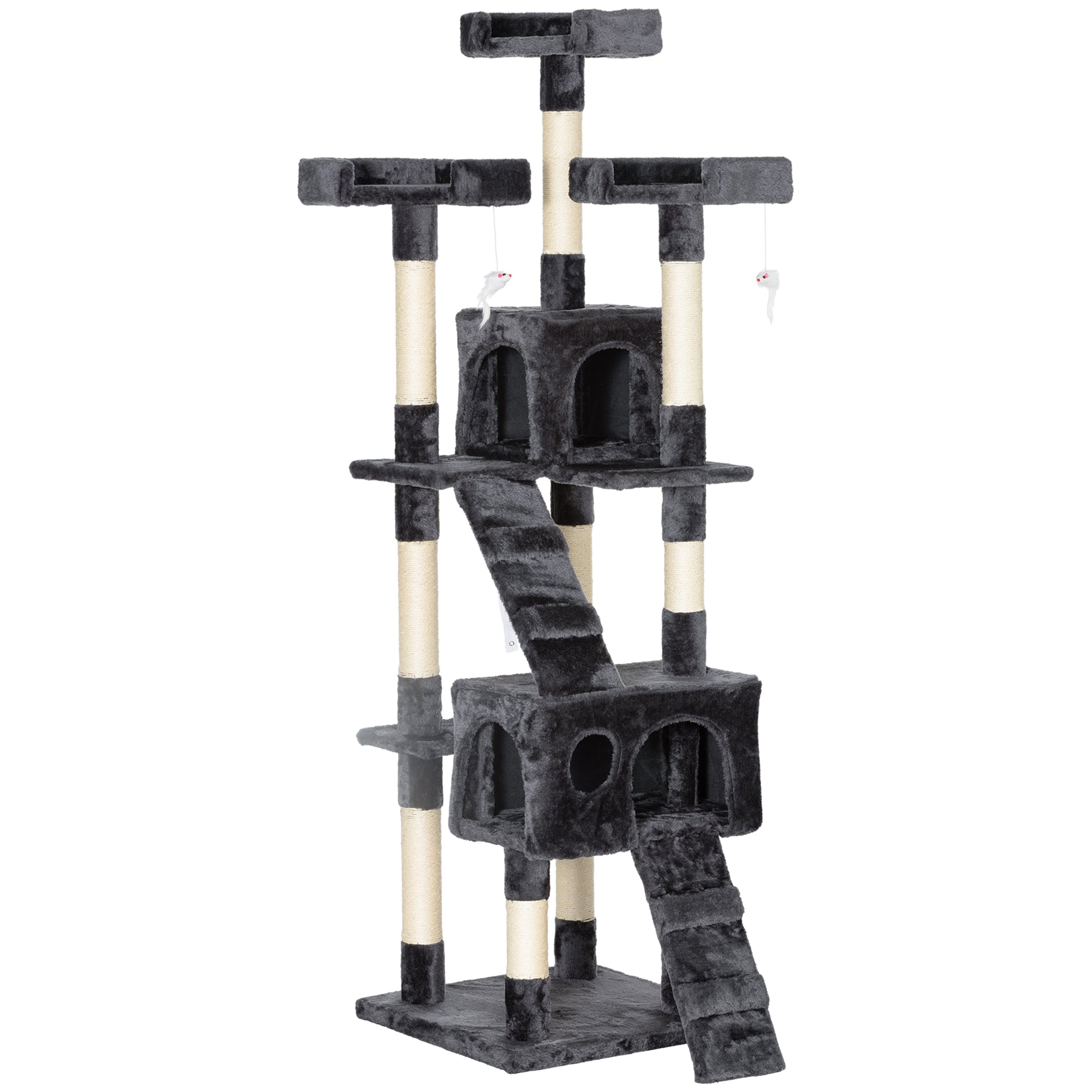 PawHut 68 inches Cat Tree, Multi-Level Large Cat Tower Condo with Scratching Posts, Perches, Cat Houses, Dangling Toy, Grey