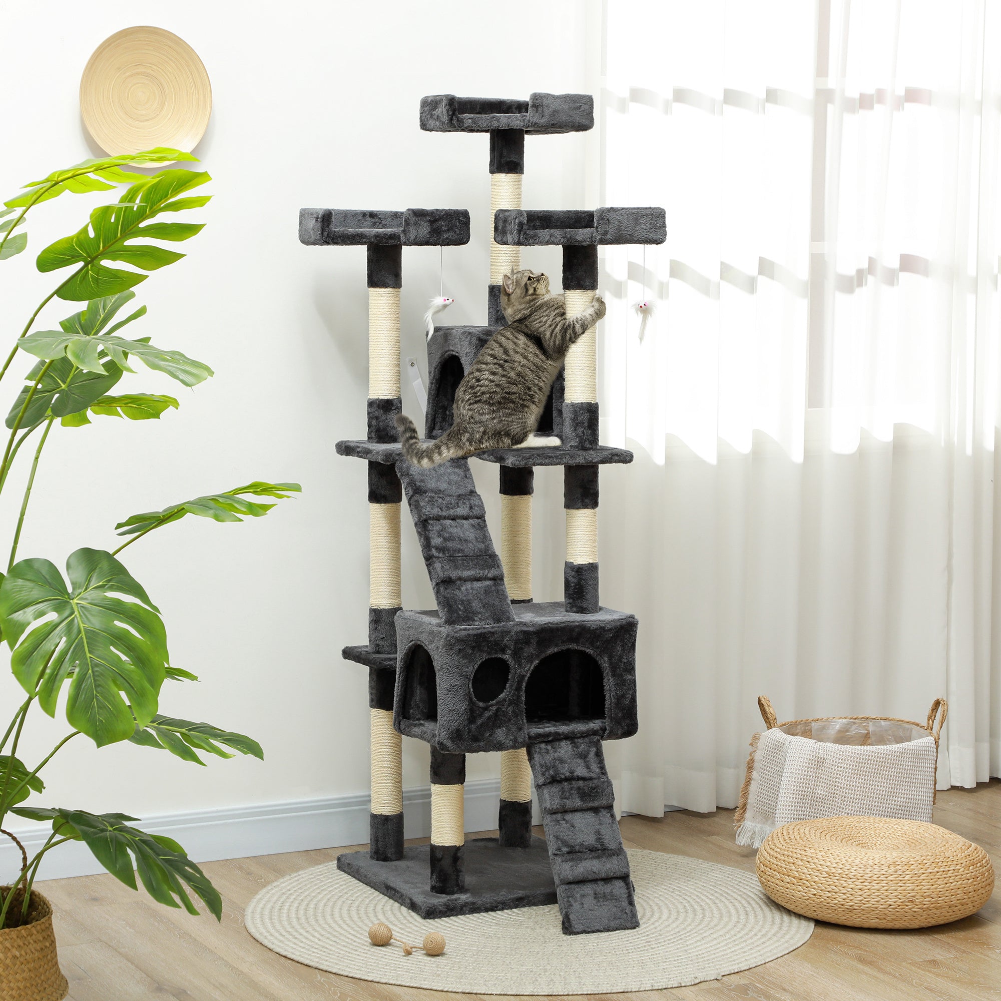PawHut 68 inches Cat Tree, Multi-Level Large Cat Tower Condo with Scratching Posts, Perches, Cat Houses, Dangling Toy, Grey