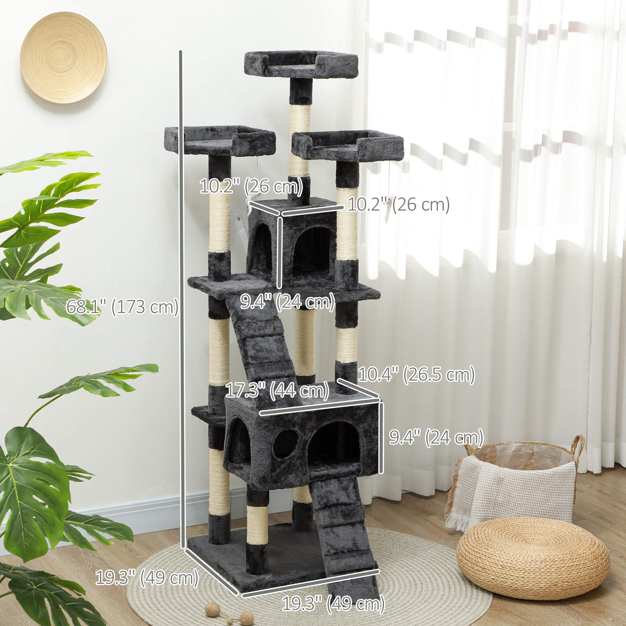 PawHut 68 inches Cat Tree, Multi-Level Large Cat Tower Condo with Scratching Posts, Perches, Cat Houses, Dangling Toy, Grey