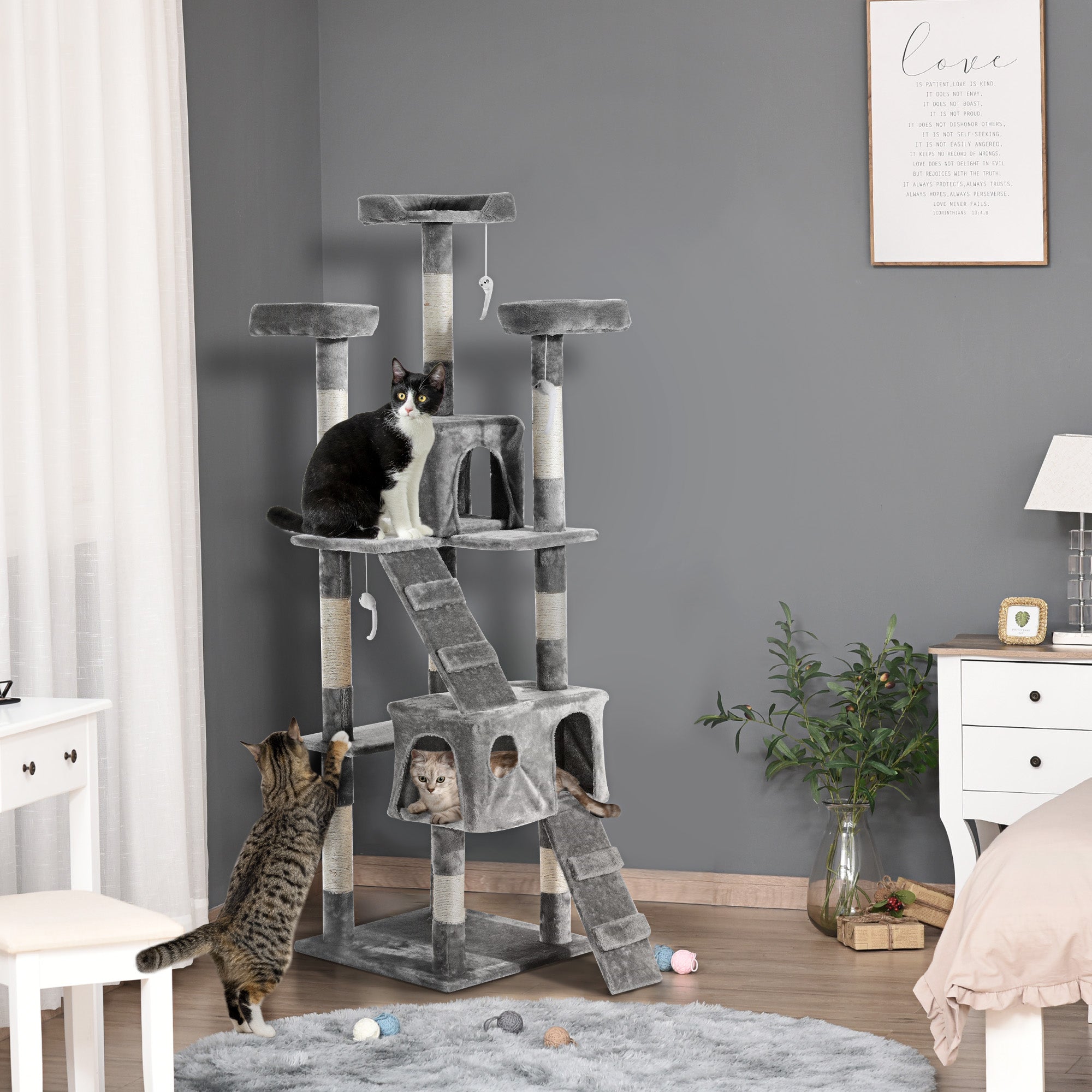 PawHut Cat Tree for Indoor Cats, 173cm Cat Tower Scratching Post Tall Climbing Tower, Activity Centre House - Grey