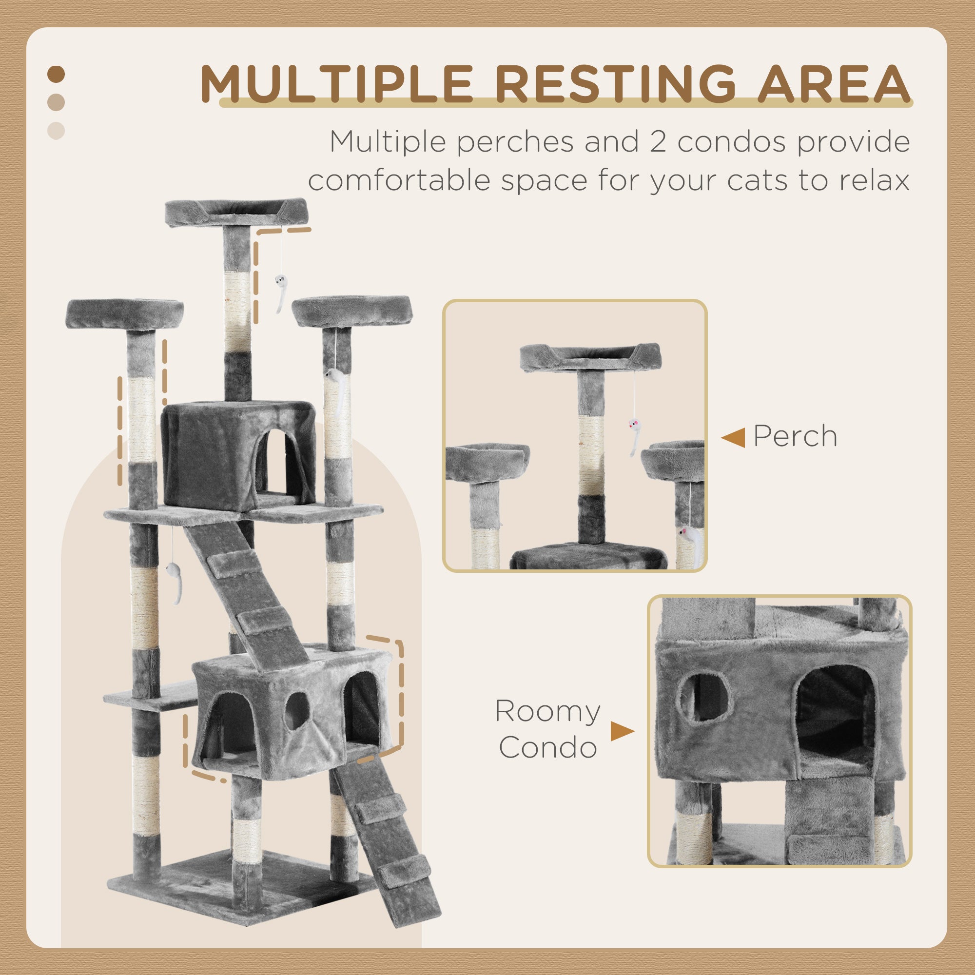 PawHut Cat Tree for Indoor Cats, 173cm Cat Tower Scratching Post Tall Climbing Tower, Activity Centre House - Grey