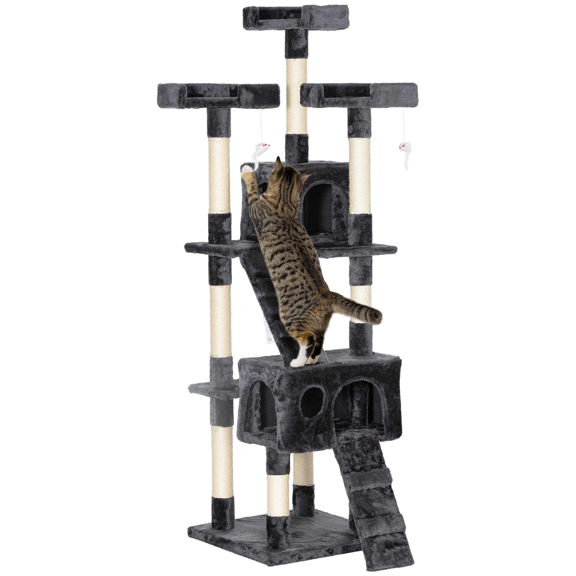 PawHut 68 inches Cat Tree, Multi-Level Large Cat Tower Condo with Scratching Posts, Perches, Cat Houses, Dangling Toy, Grey