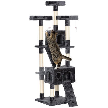 PawHut 68 inches Cat Tree, Multi-Level Large Cat Tower Condo with Scratching Posts, Perches, Cat Houses, Dangling Toy, Grey