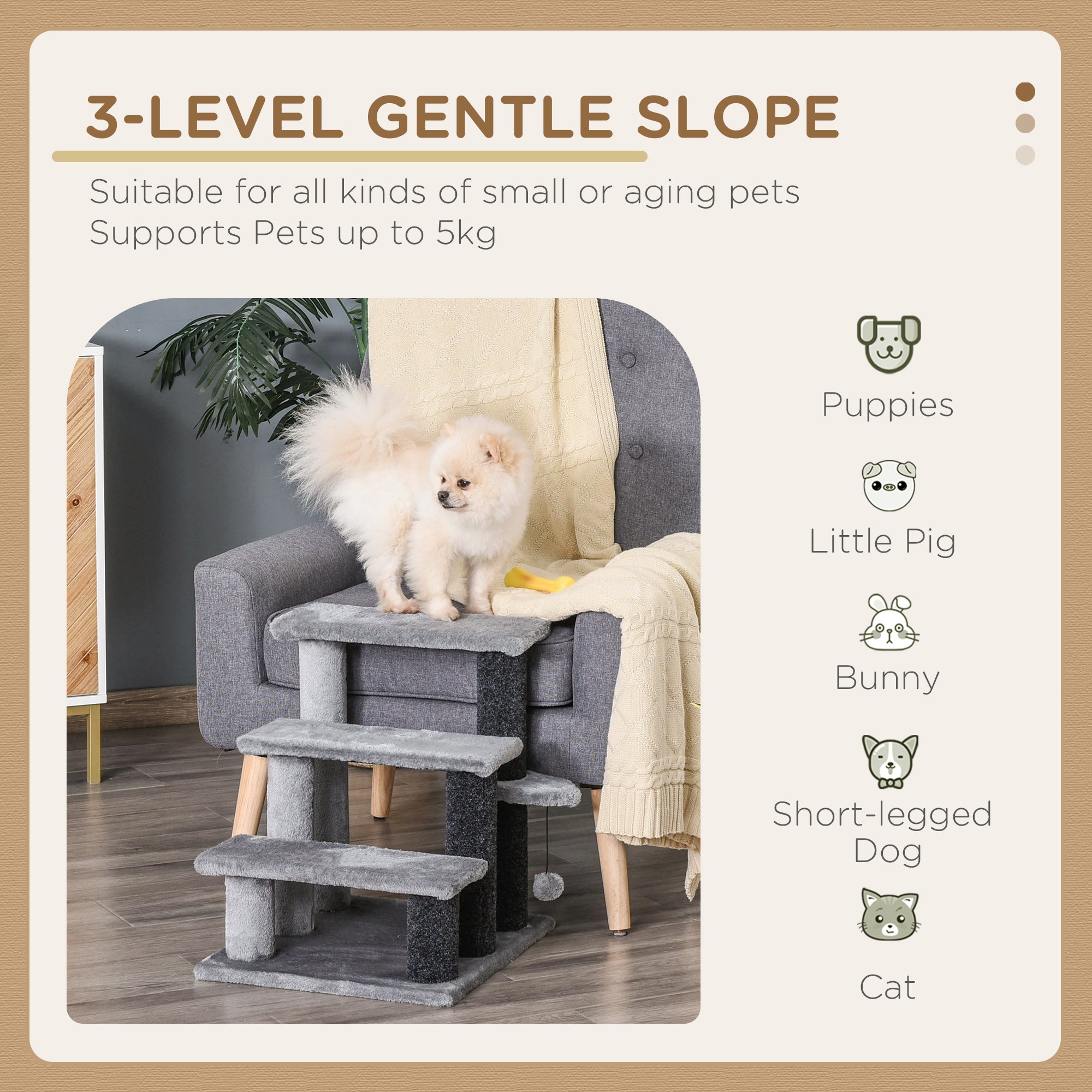 PawHut Cat Stairs 3 Steps for Bed, Couch with Scratching Posts, Small Cat Tree for Indoor Cats with Toy Ball, 17.5" x 15.5" x 19"