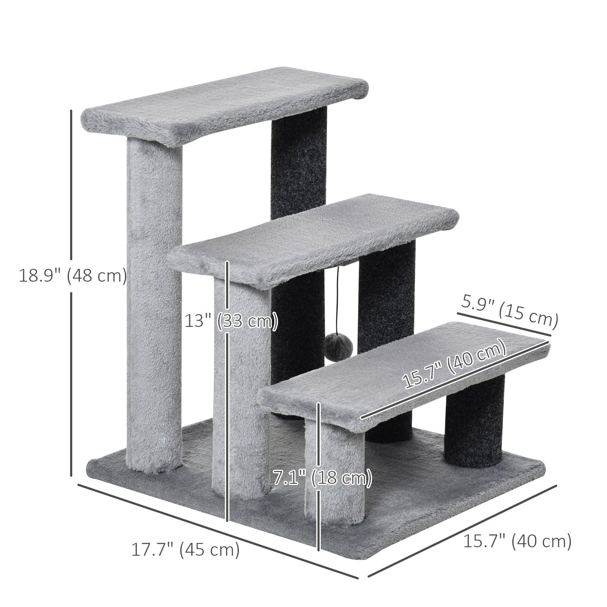 PawHut Cat Stairs 3 Steps for Bed, Couch with Scratching Posts, Small Cat Tree for Indoor Cats with Toy Ball, 17.5" x 15.5" x 19"