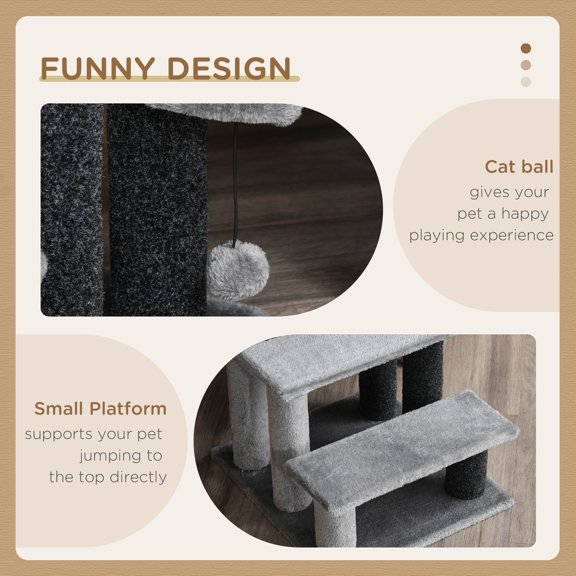 PawHut Cat Stairs 3 Steps for Bed, Couch with Scratching Posts, Small Cat Tree for Indoor Cats with Toy Ball, 17.5" x 15.5" x 19"