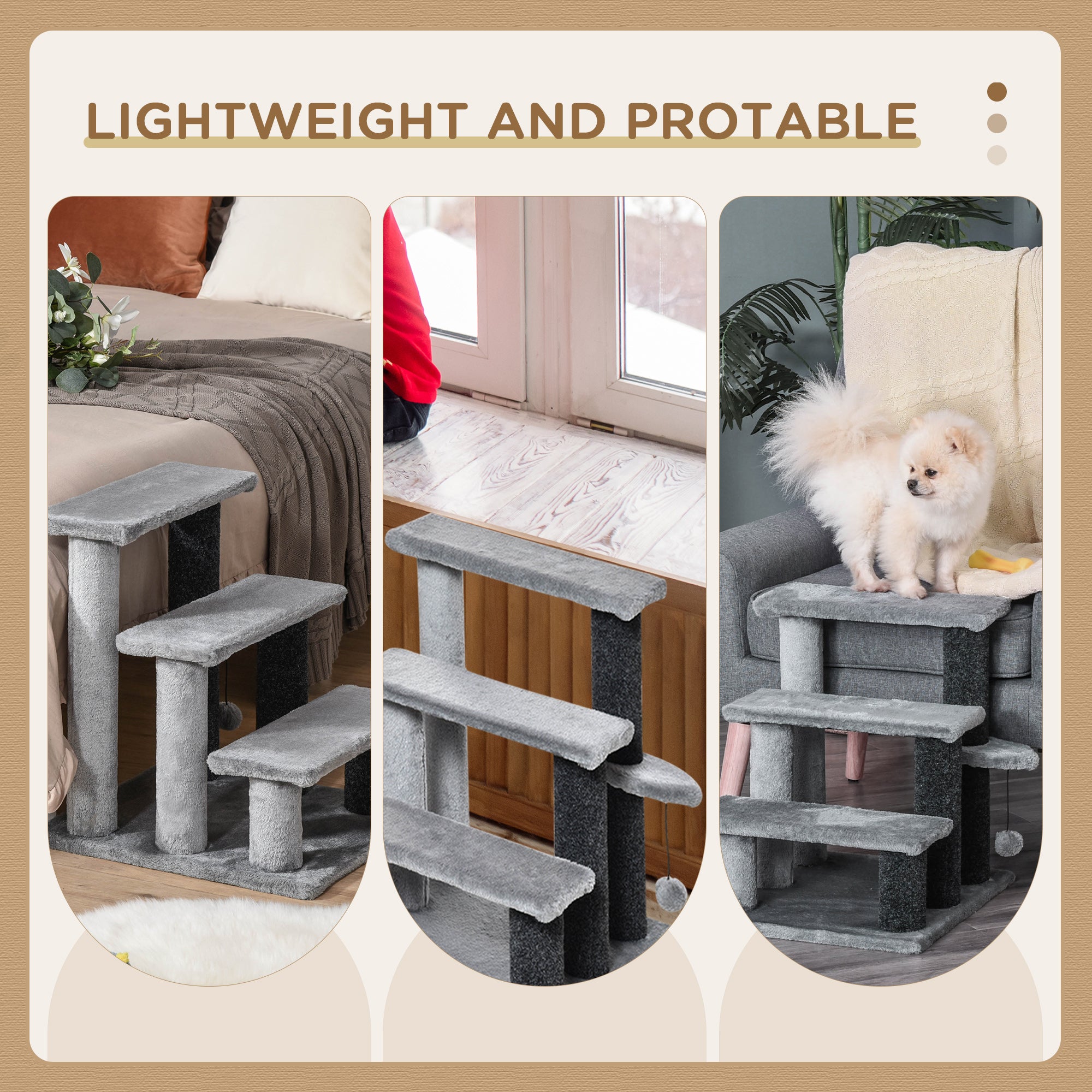 PawHut Cat Stairs 3 Steps for Bed, Couch with Scratching Posts, Small Cat Tree for Indoor Cats with Toy Ball, 17.5" x 15.5" x 19"