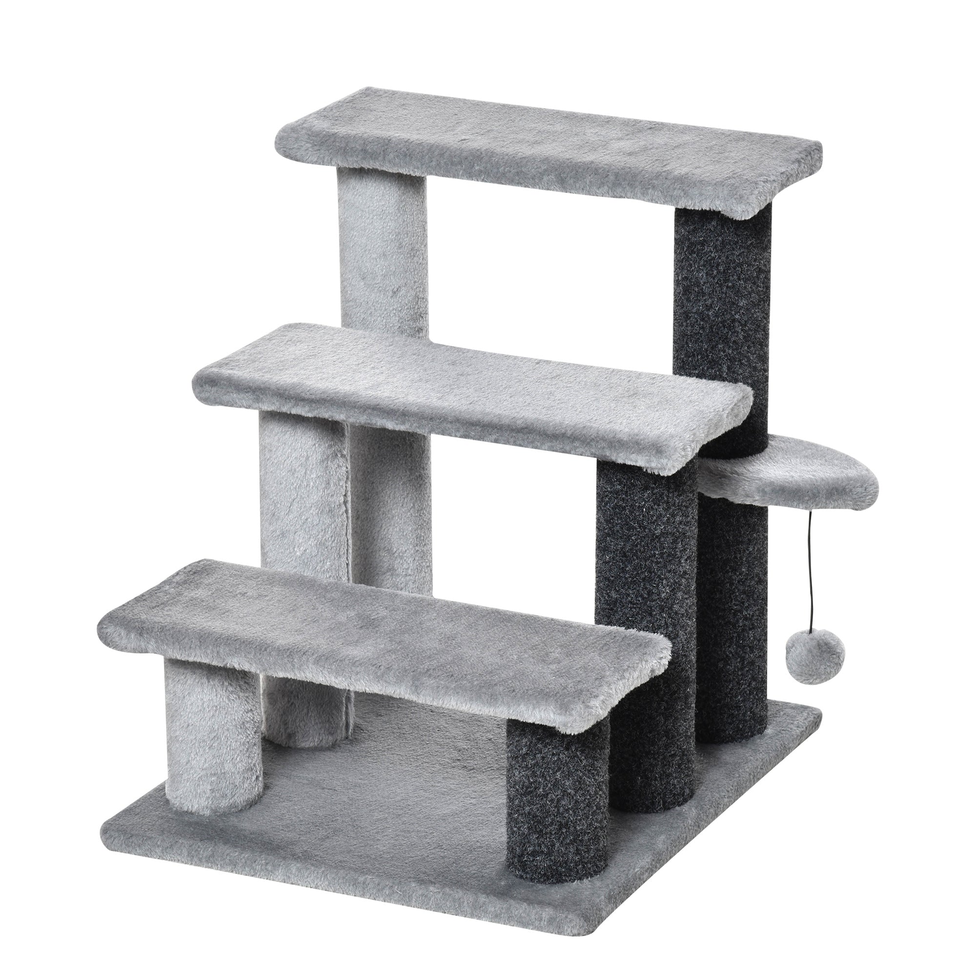 PawHut Cat Stairs 3 Steps for Bed, Couch with Scratching Posts, Small Cat Tree for Indoor Cats with Toy Ball, 17.5" x 15.5" x 19"