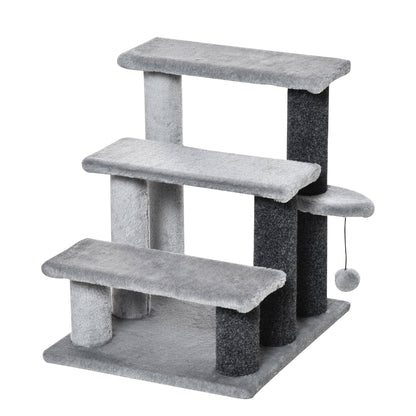 PawHut Cat Stairs 3 Steps for Bed, Couch with Scratching Posts, Small Cat Tree for Indoor Cats with Toy Ball, 17.5" x 15.5" x 19"