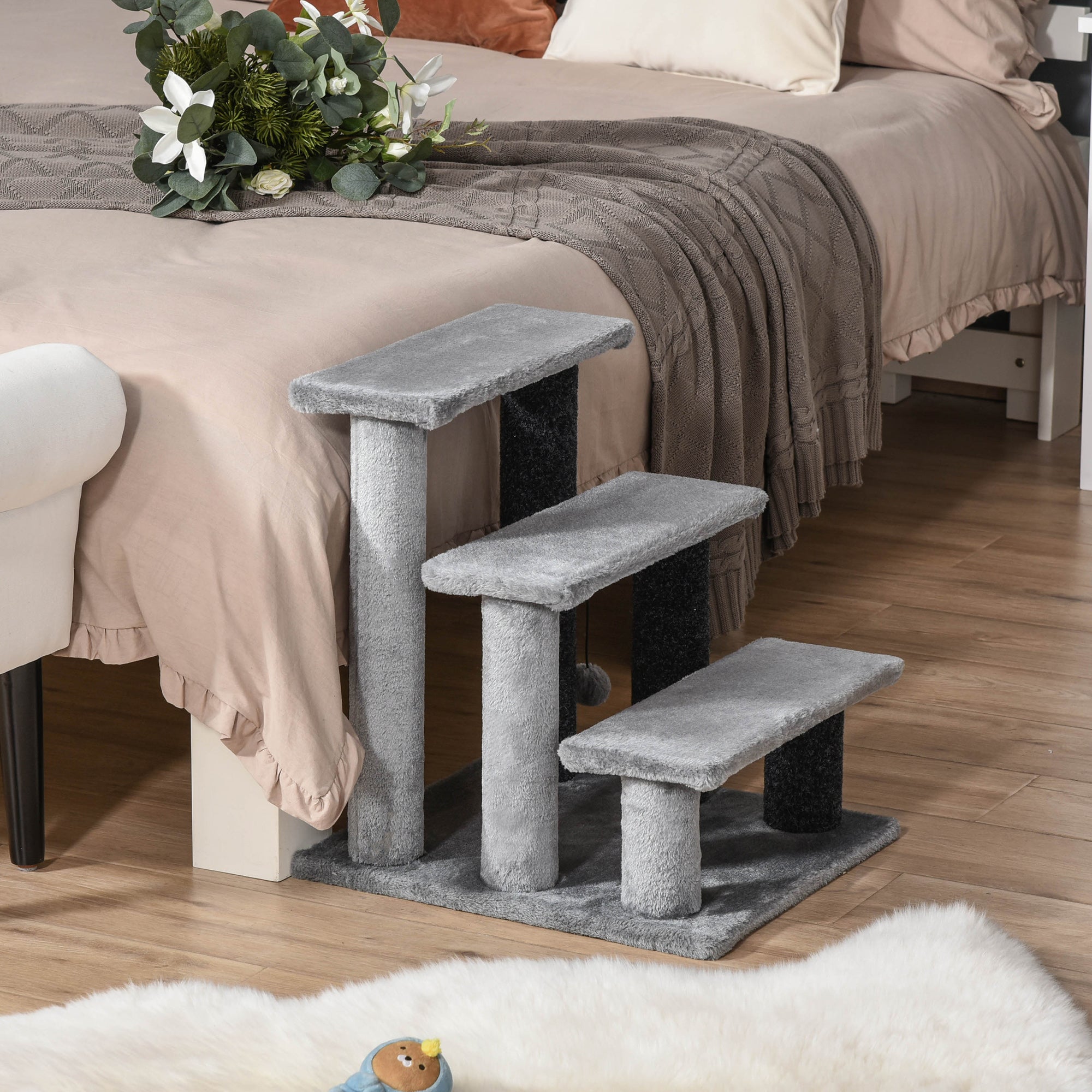 PawHut Cat Stairs 3 Steps for Bed, Couch with Scratching Posts, Small Cat Tree for Indoor Cats with Toy Ball, 17.5" x 15.5" x 19"