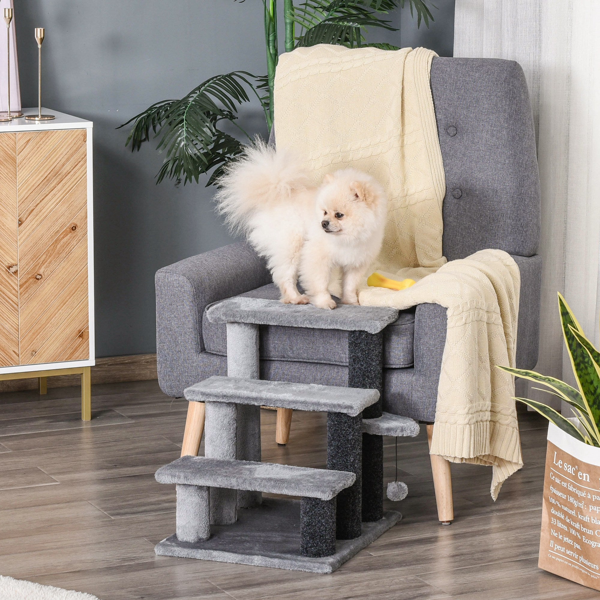 PawHut Cat Stairs 3 Steps for Bed, Couch with Scratching Posts, Small Cat Tree for Indoor Cats with Toy Ball, 17.5" x 15.5" x 19"