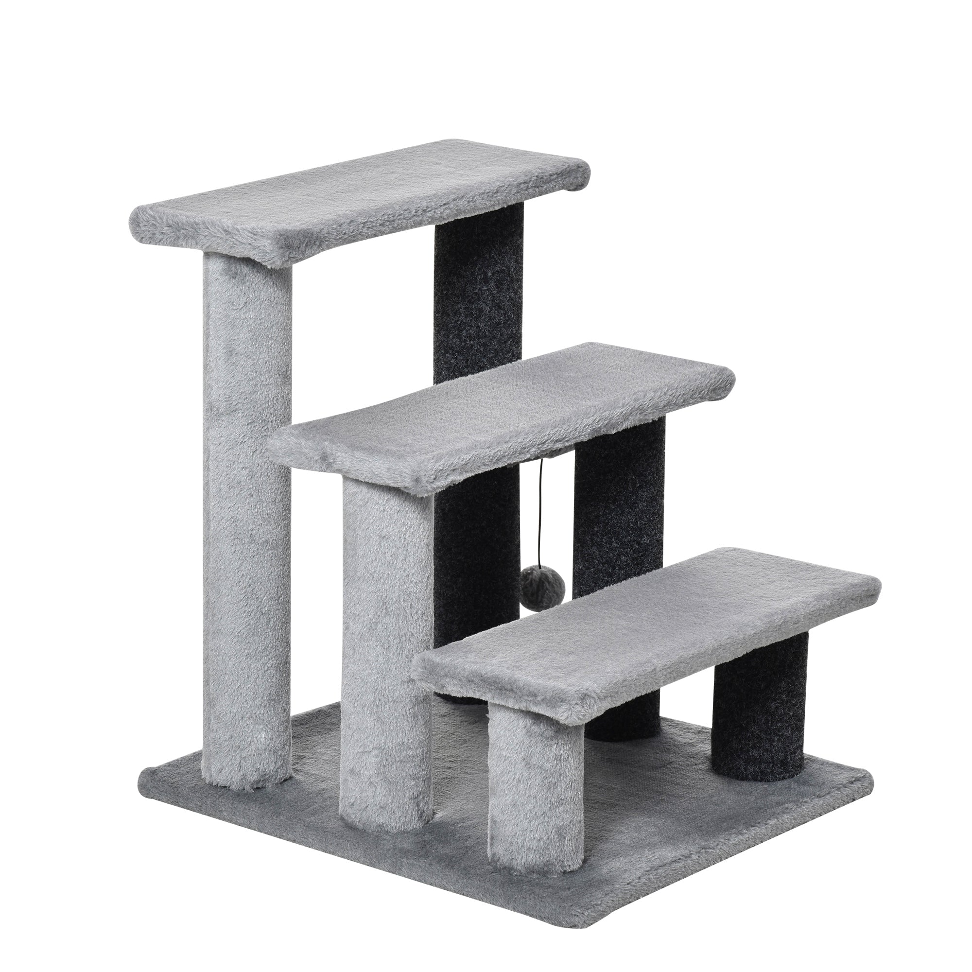 PawHut Cat Stairs 3 Steps for Bed, Couch with Scratching Posts, Small Cat Tree for Indoor Cats with Toy Ball, 17.5" x 15.5" x 19"