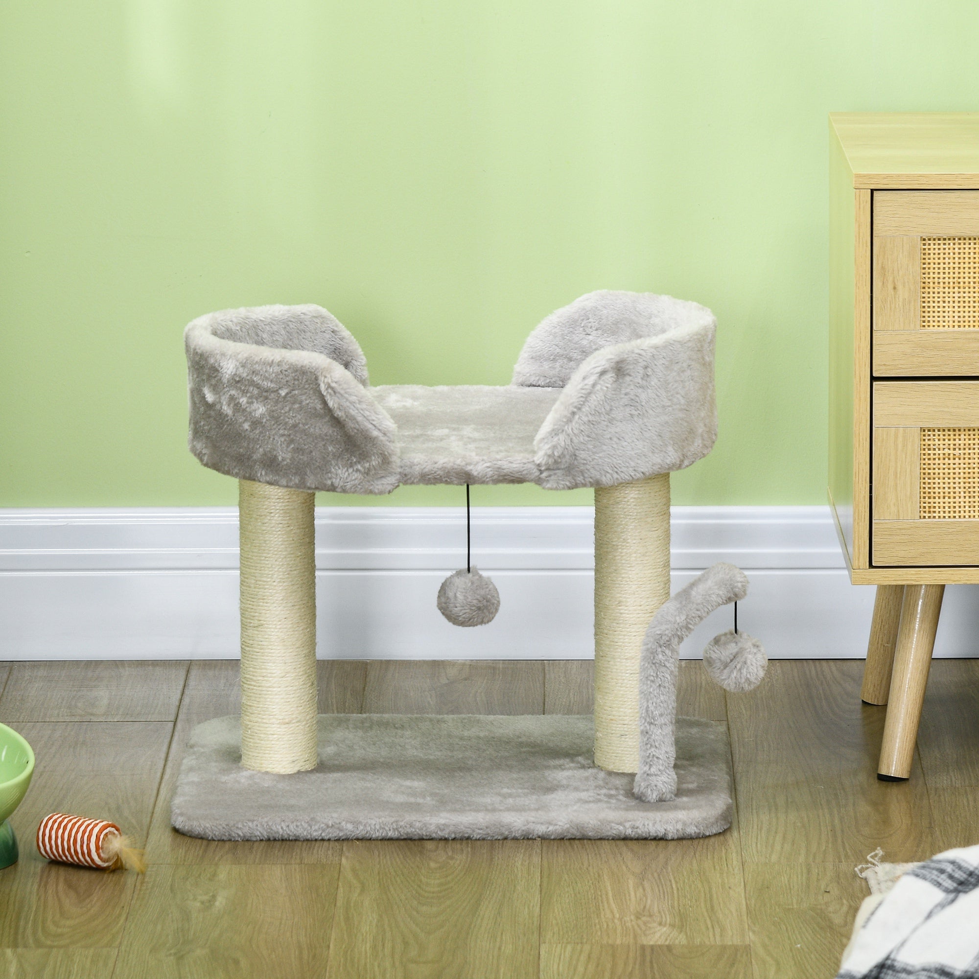 PawHut Cat Tree, 16.5" Small Cat Tower Condo for Indoor Cats with Sisal Scratching Posts, Top Perch, Dangling Balls, Cat Activity Centre, Light Grey