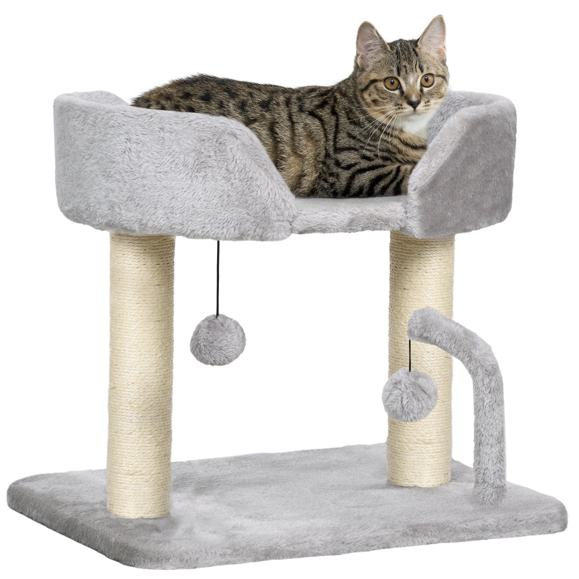 PawHut Cat Tree, 16.5" Small Cat Tower Condo for Indoor Cats with Sisal Scratching Posts, Top Perch, Dangling Balls, Cat Activity Centre, Light Grey
