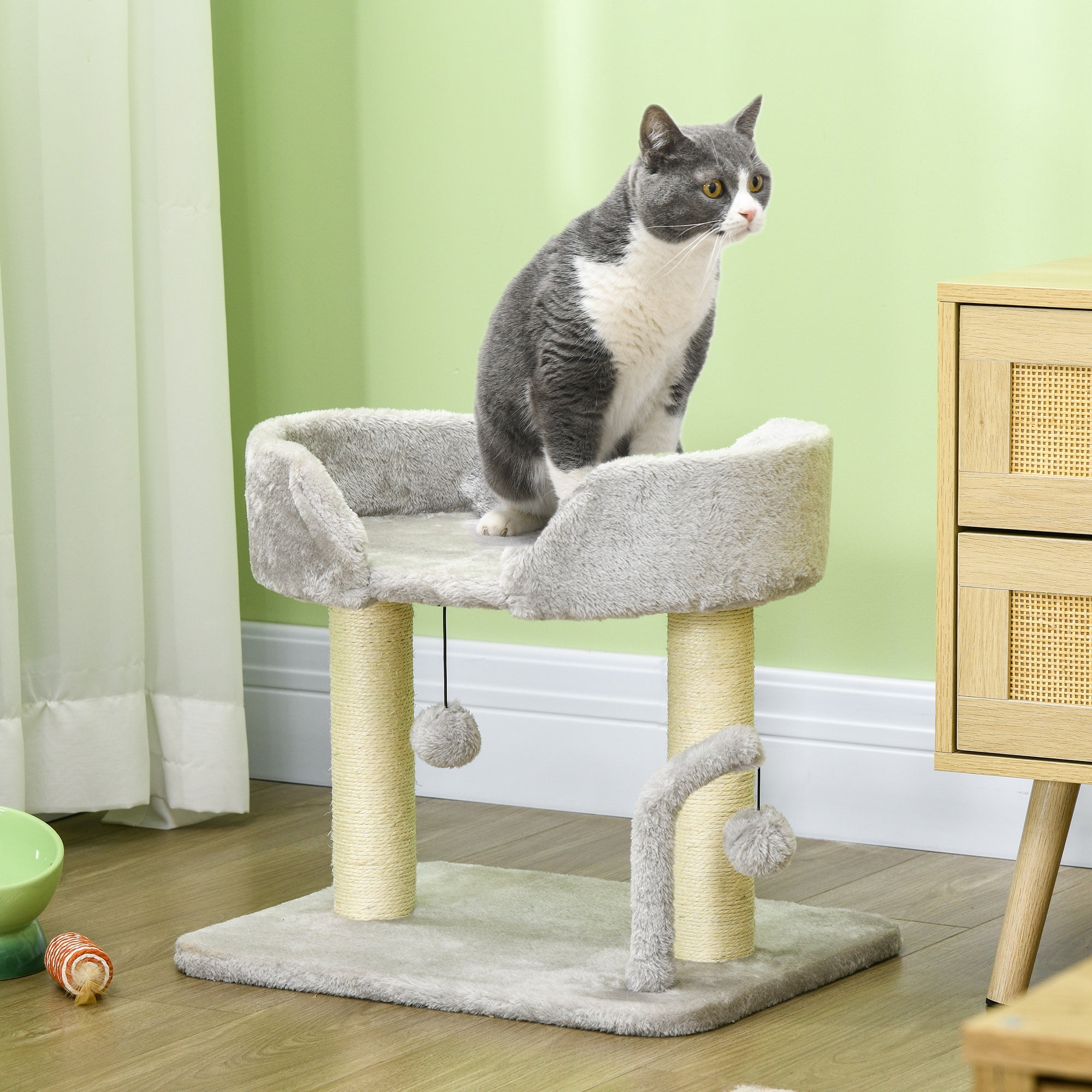 PawHut Cat Tree, 16.5" Small Cat Tower Condo for Indoor Cats with Sisal Scratching Posts, Top Perch, Dangling Balls, Cat Activity Centre, Light Grey