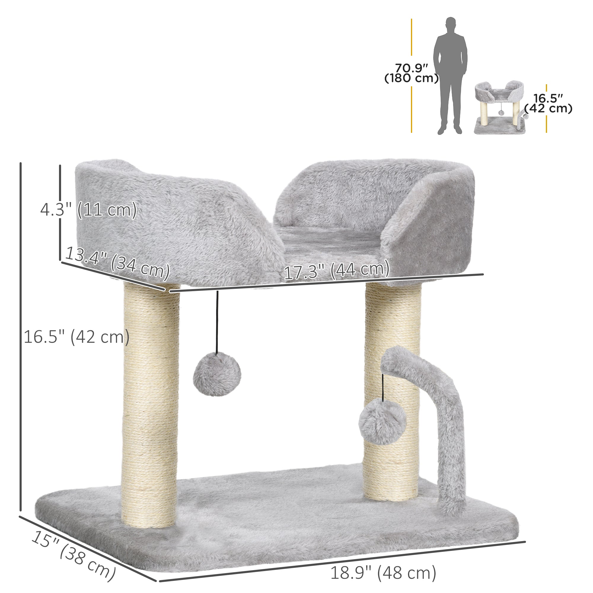 PawHut Cat Tree, 16.5" Small Cat Tower Condo for Indoor Cats with Sisal Scratching Posts, Top Perch, Dangling Balls, Cat Activity Centre, Light Grey