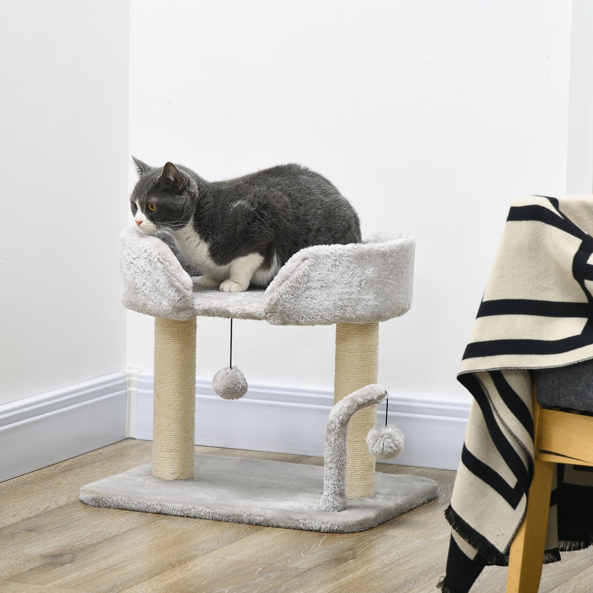 PawHut Cat Tree, 16.5" Small Cat Tower Condo for Indoor Cats with Sisal Scratching Posts, Top Perch, Dangling Balls, Cat Activity Centre, Light Grey