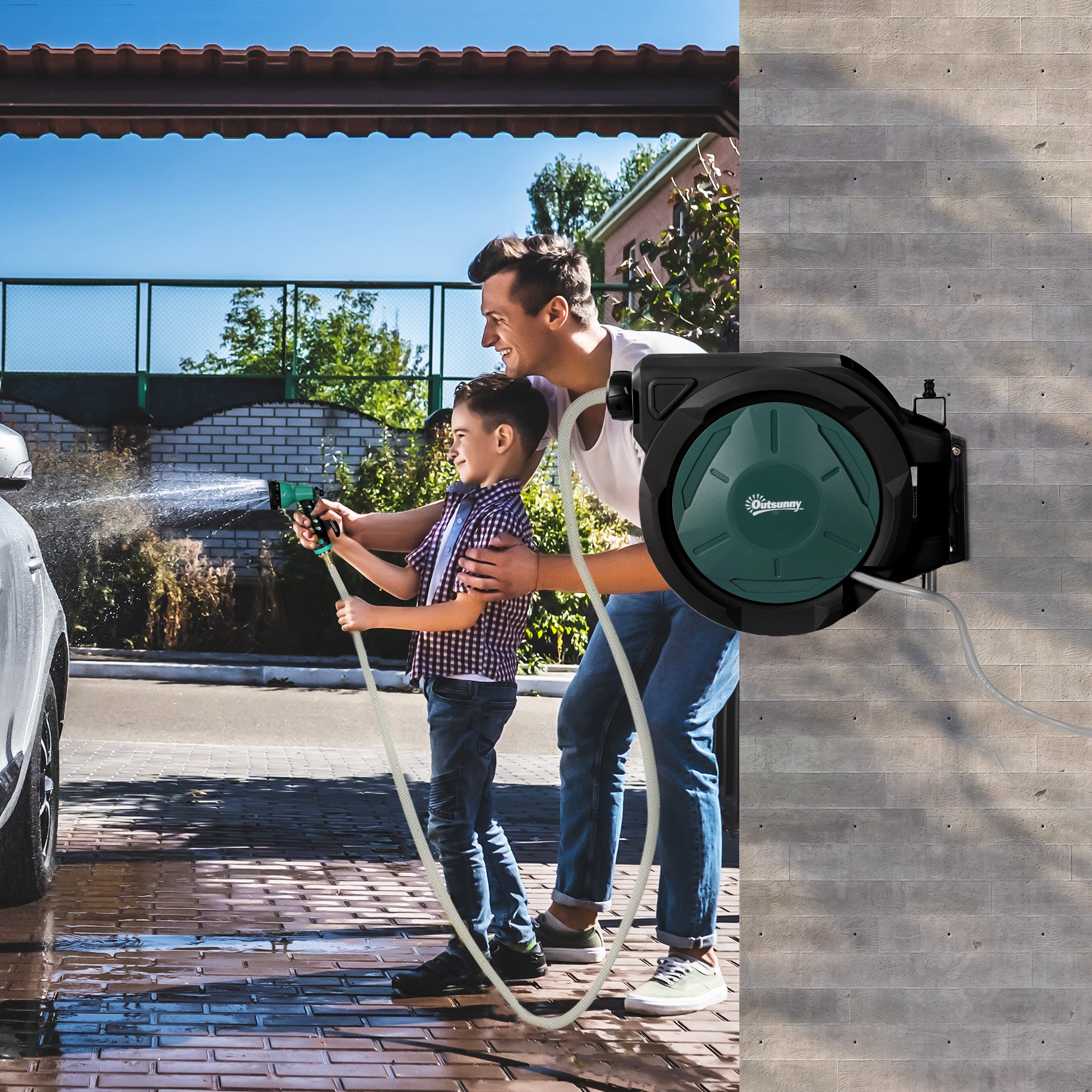 Outsunny Retractable Garden Hose Reel, 1/2 in x 100ft Wall Mounted Water Hose Reel with 7- Function Sprayer Nozzle, Auto Rewind, Any Length Lock, 180掳 Swivel Bracket, Black