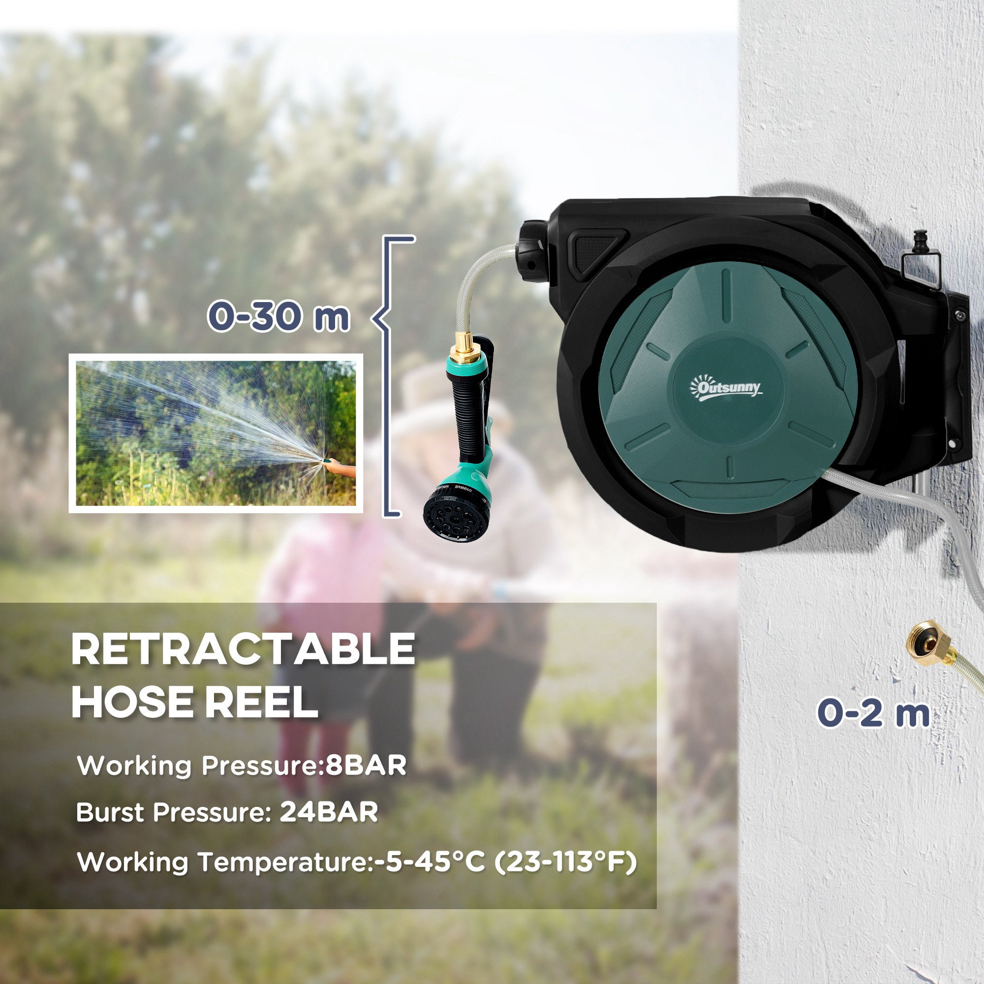 Outsunny Retractable Garden Hose Reel, 1/2 in x 100ft Wall Mounted Water Hose Reel with 7- Function Sprayer Nozzle, Auto Rewind, Any Length Lock, 180掳 Swivel Bracket, Black