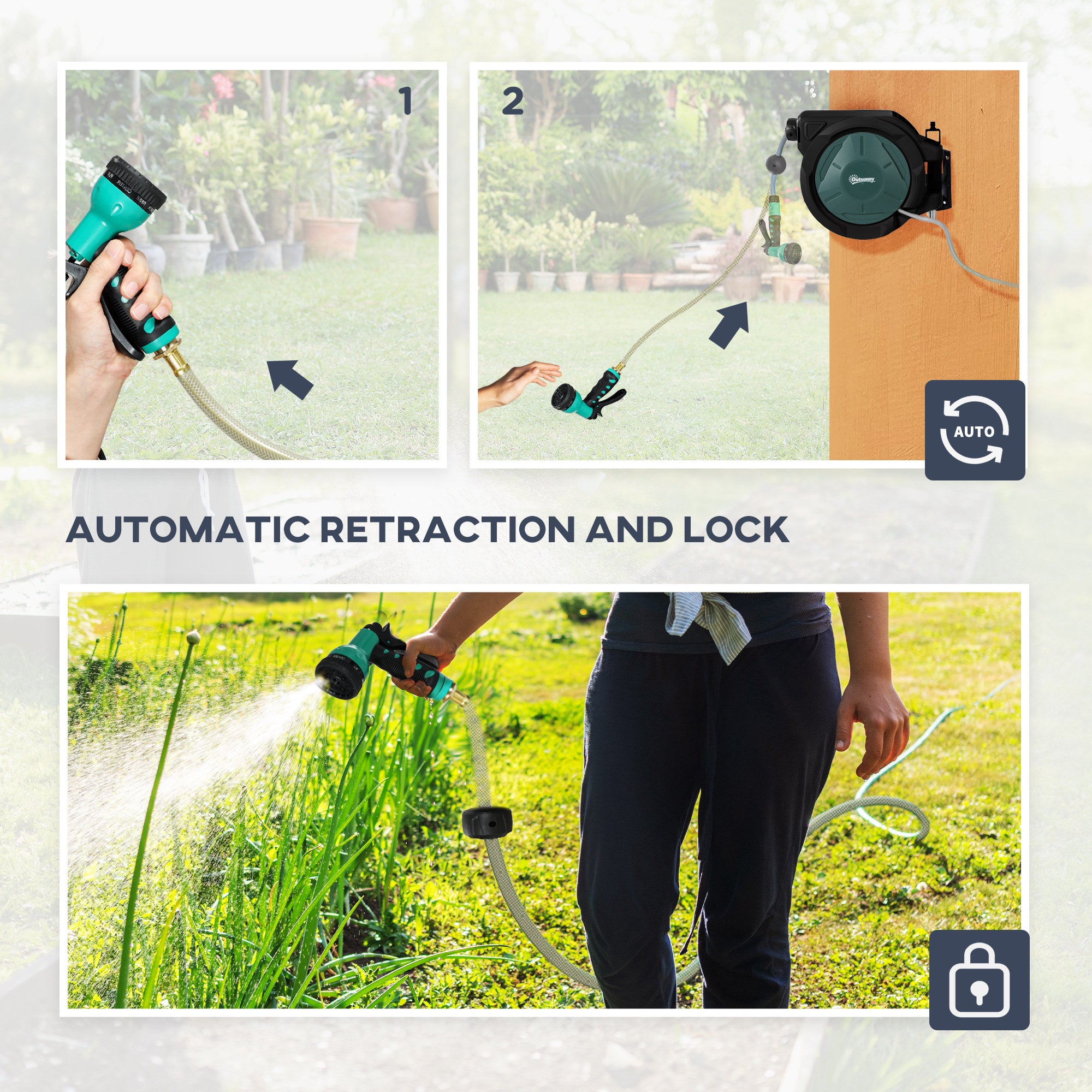 Outsunny Retractable Garden Hose Reel, 1/2 in x 100ft Wall Mounted Water Hose Reel with 7- Function Sprayer Nozzle, Auto Rewind, Any Length Lock, 180掳 Swivel Bracket, Black