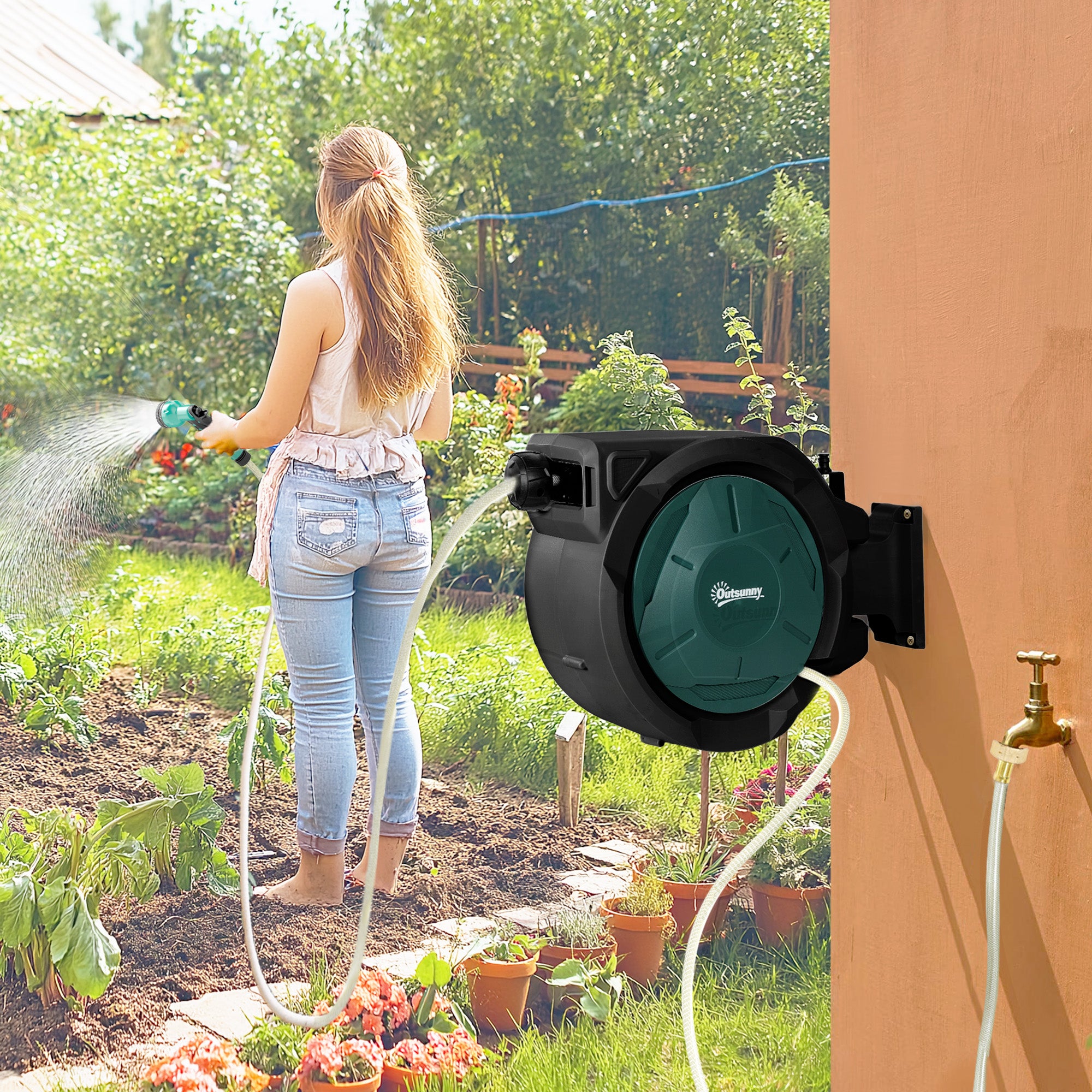 Outsunny Retractable Garden Hose Reel, 1/2 in x 100ft Wall Mounted Water Hose Reel with 7- Function Sprayer Nozzle, Auto Rewind, Any Length Lock, 180掳 Swivel Bracket, Black