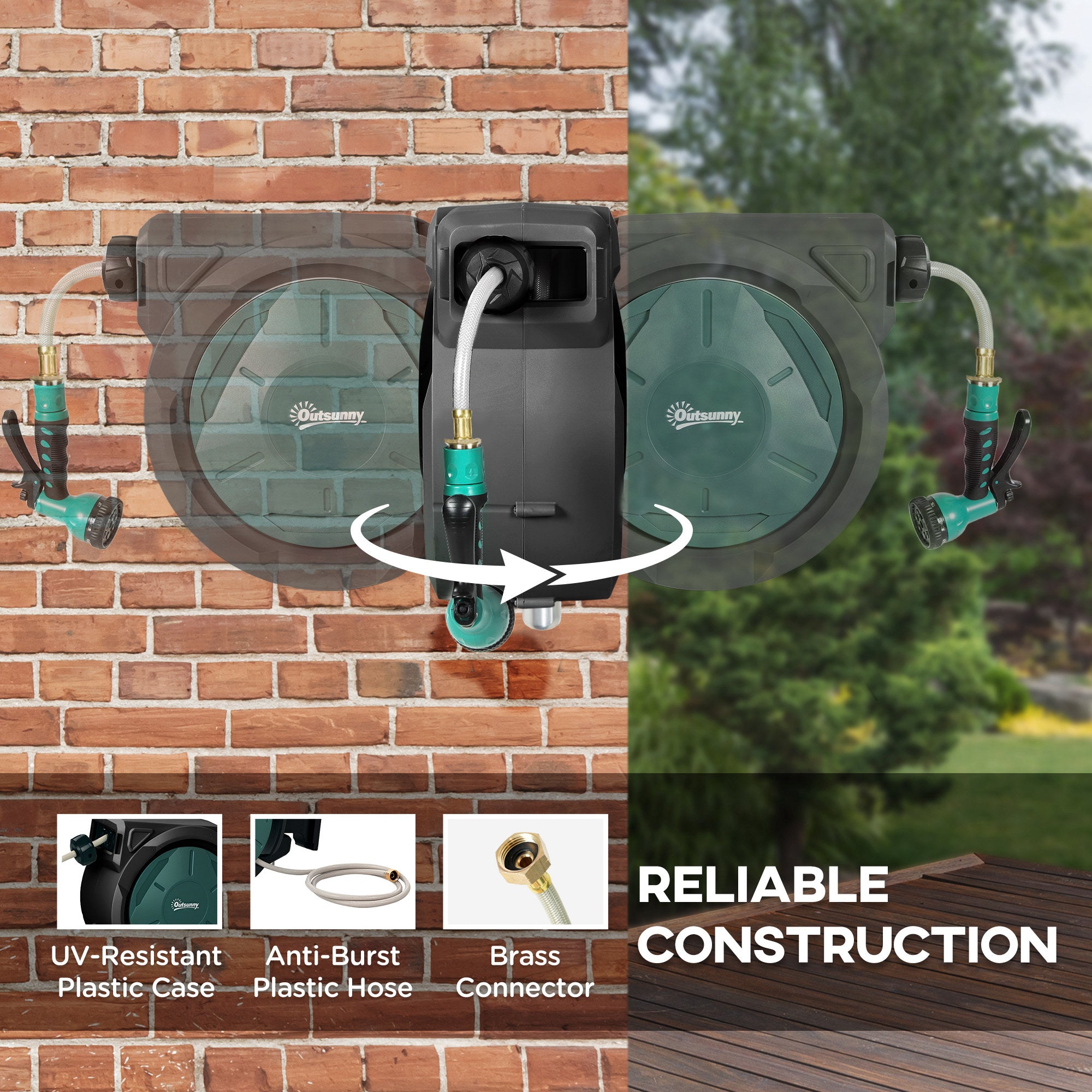 Outsunny Retractable Garden Hose Reel, 1/2 in x 100ft Wall Mounted Water Hose Reel with 7- Function Sprayer Nozzle, Auto Rewind, Any Length Lock, 180掳 Swivel Bracket, Black