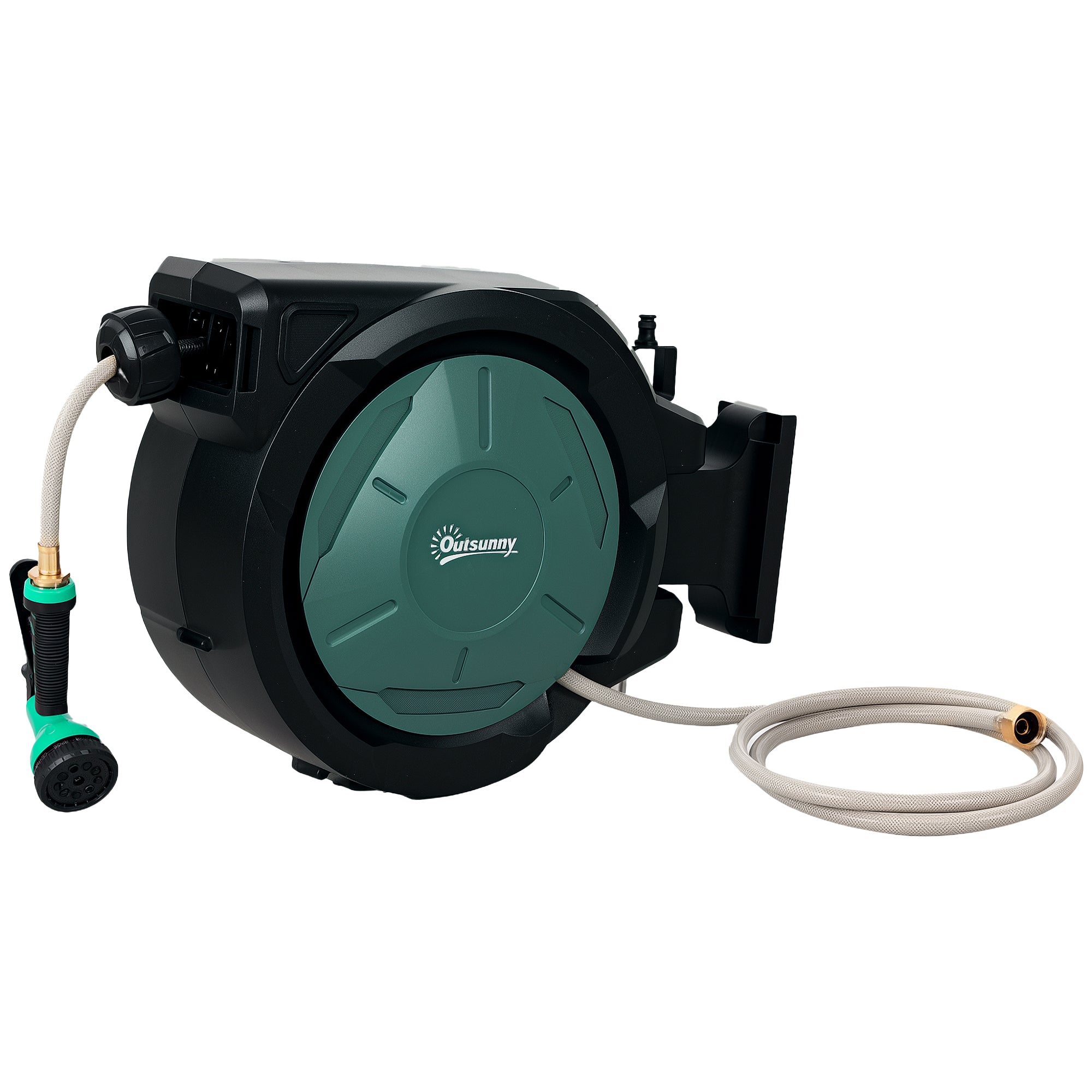 Outsunny Retractable Garden Hose Reel, 1/2 in x 100ft Wall Mounted Water Hose Reel with 7- Function Sprayer Nozzle, Auto Rewind, Any Length Lock, 180掳 Swivel Bracket, Black