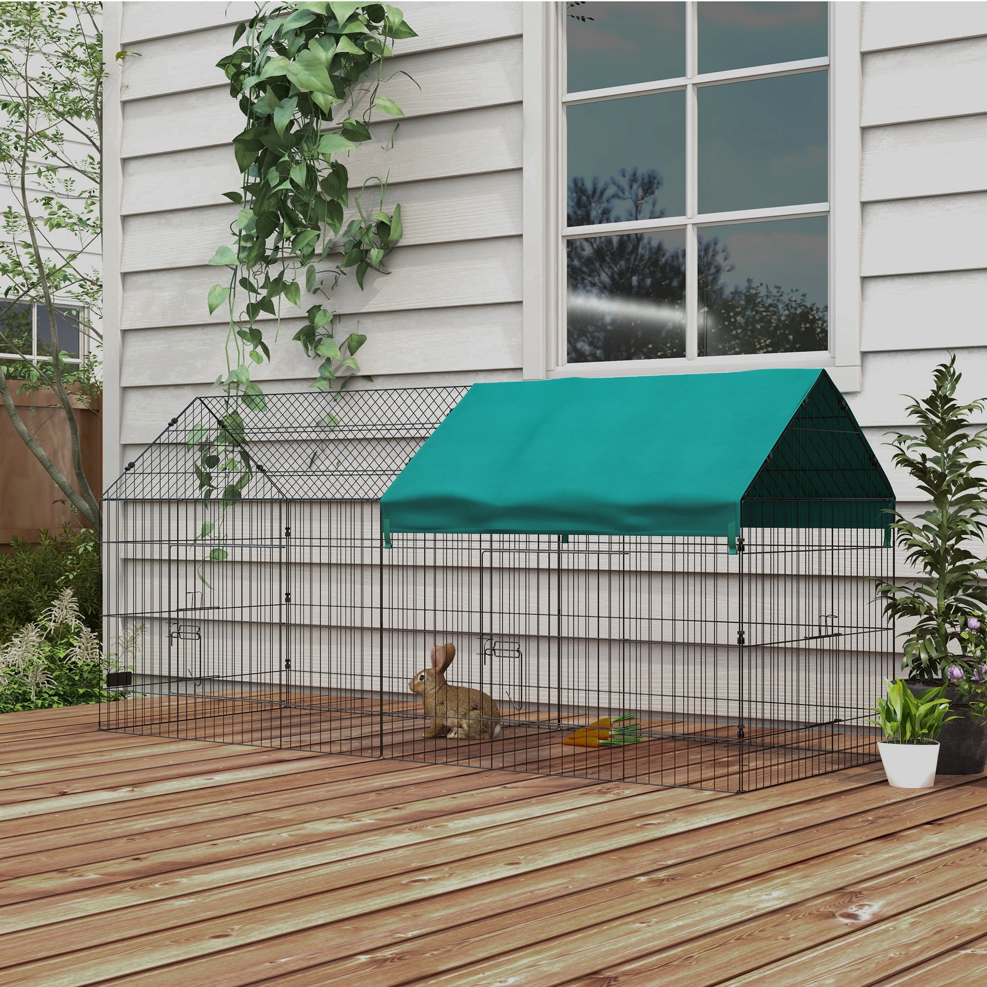 PawHut 87" Small Animal Cage, Pet Playpen for Chicken, Rabbits, Chinchillas, Outdoor Small Animal Playpen with Spire Roof, Green